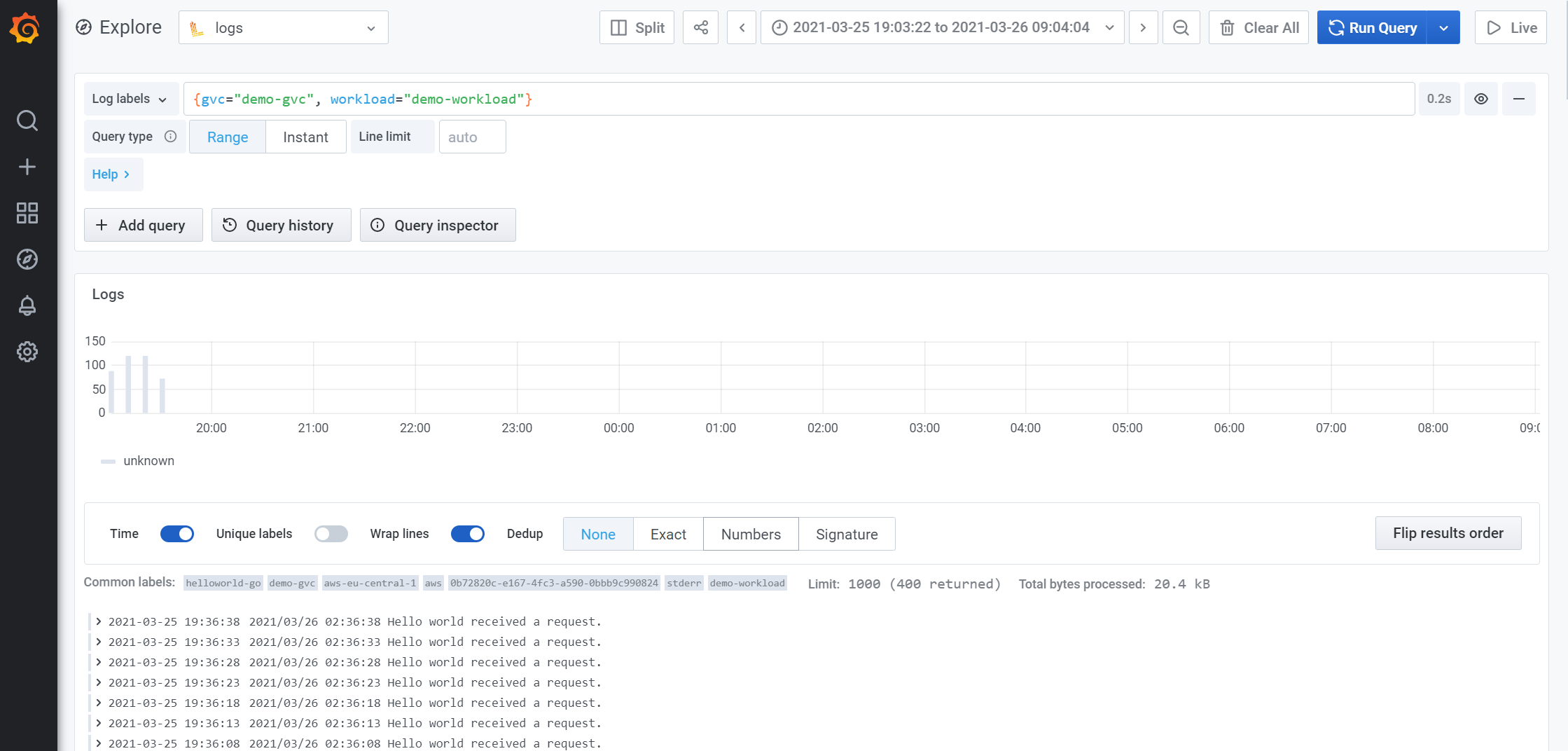 Grafana log explorer showing LogQL query results with timestamp, level, and message fields for workload logs