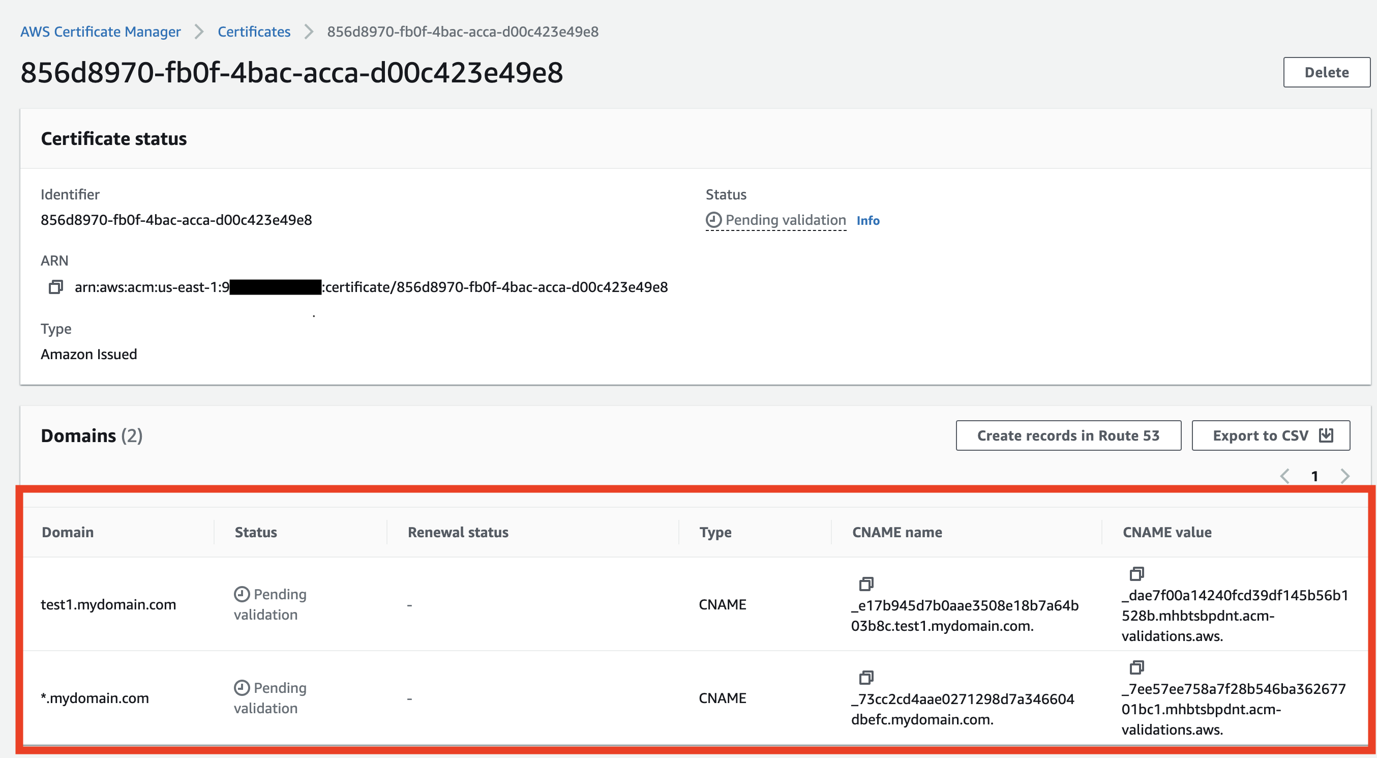 AWS ACM certificate validation page showing CNAME records required for domain verification