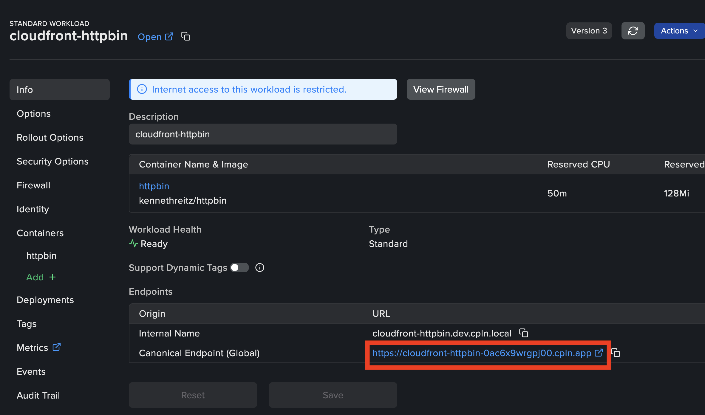 Workload Info page showing the Canonical Endpoint URL to use as CloudFront origin domain