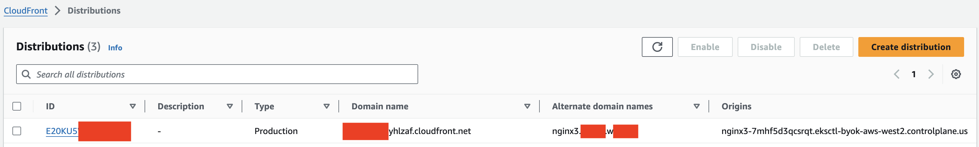 CloudFront distributions list showing the newly created distribution with its domain name and status