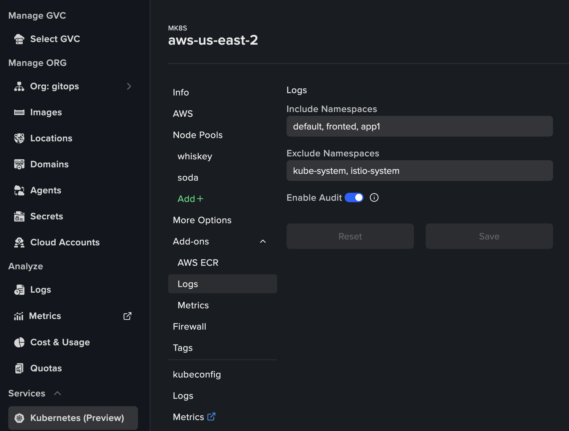 Logs add-on configuration UI showing namespace inclusion/exclusion filters and audit log toggle