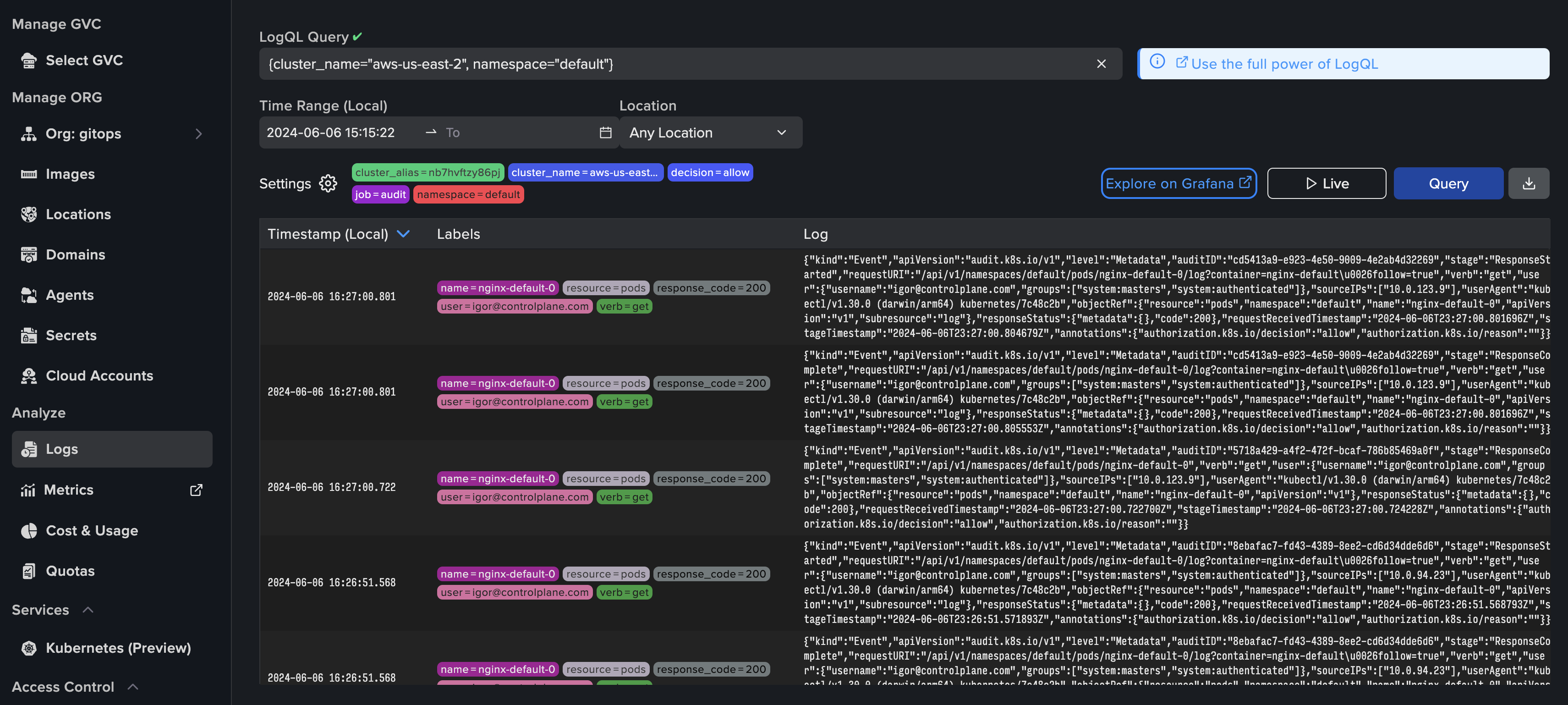 Control Plane Console logs view with LogQL query bar and filtered log entries for a Kubernetes cluster