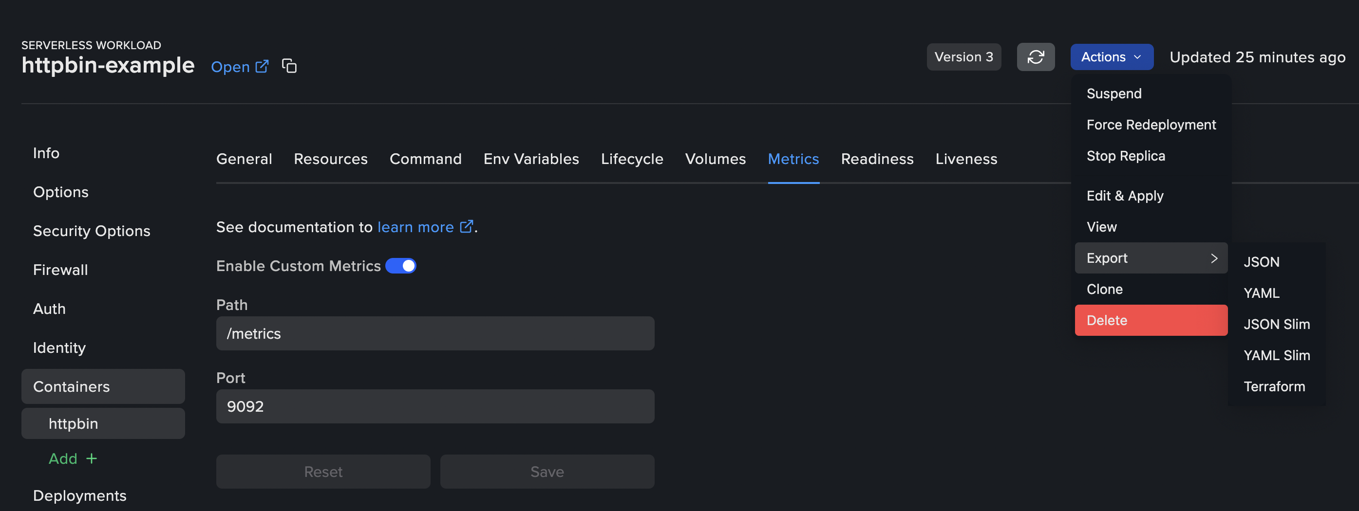 Workload with the Actions dropdown open showing the Export sub-menu with JSON, YAML, JSON Slim, YAML Slim, and Terraform options