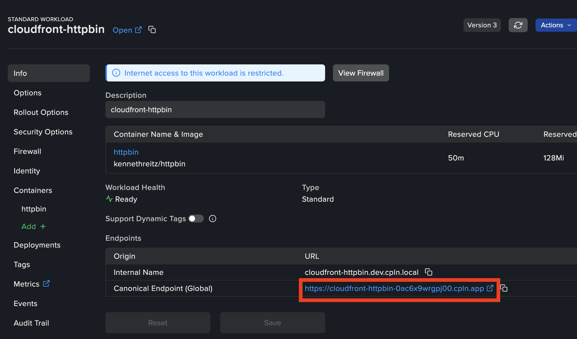 Workload Info page showing the Canonical Endpoint URL to use as CloudFront origin domain