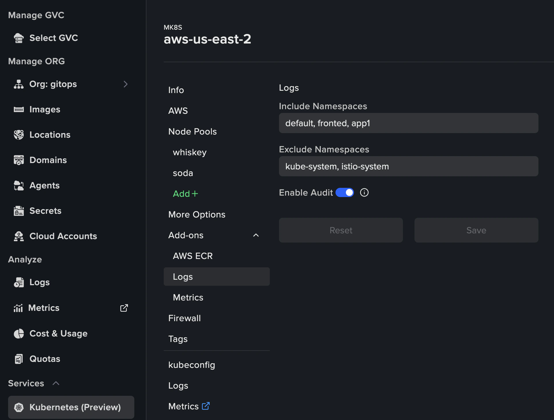 Logs add-on configuration UI showing namespace inclusion/exclusion filters and audit log toggle