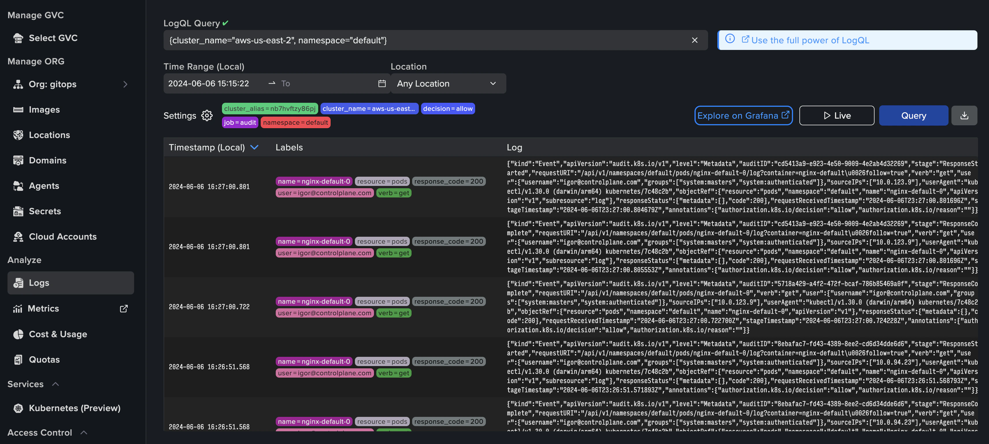 Control Plane Console logs view with LogQL query bar and filtered log entries for a Kubernetes cluster