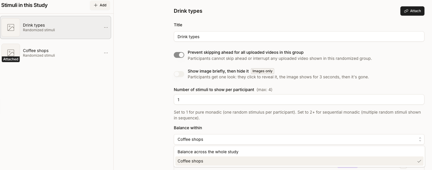 Balance within select expanded on the Drink types stimulus, offering Balance across the whole study or Coffee shops, with Coffee shops selected