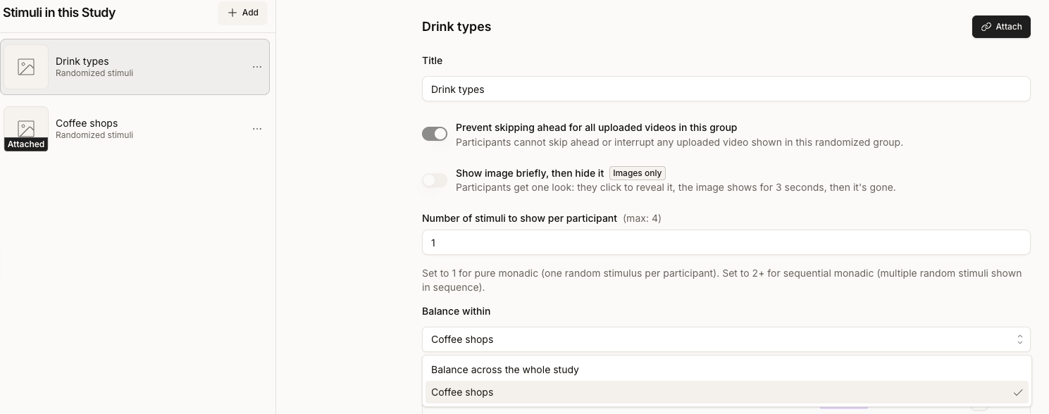 Balance within select expanded on the Drink types stimulus, offering Balance across the whole study or Coffee shops, with Coffee shops selected