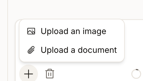 The attachment menu on the assistant's message box, offering Upload an image and Upload a document