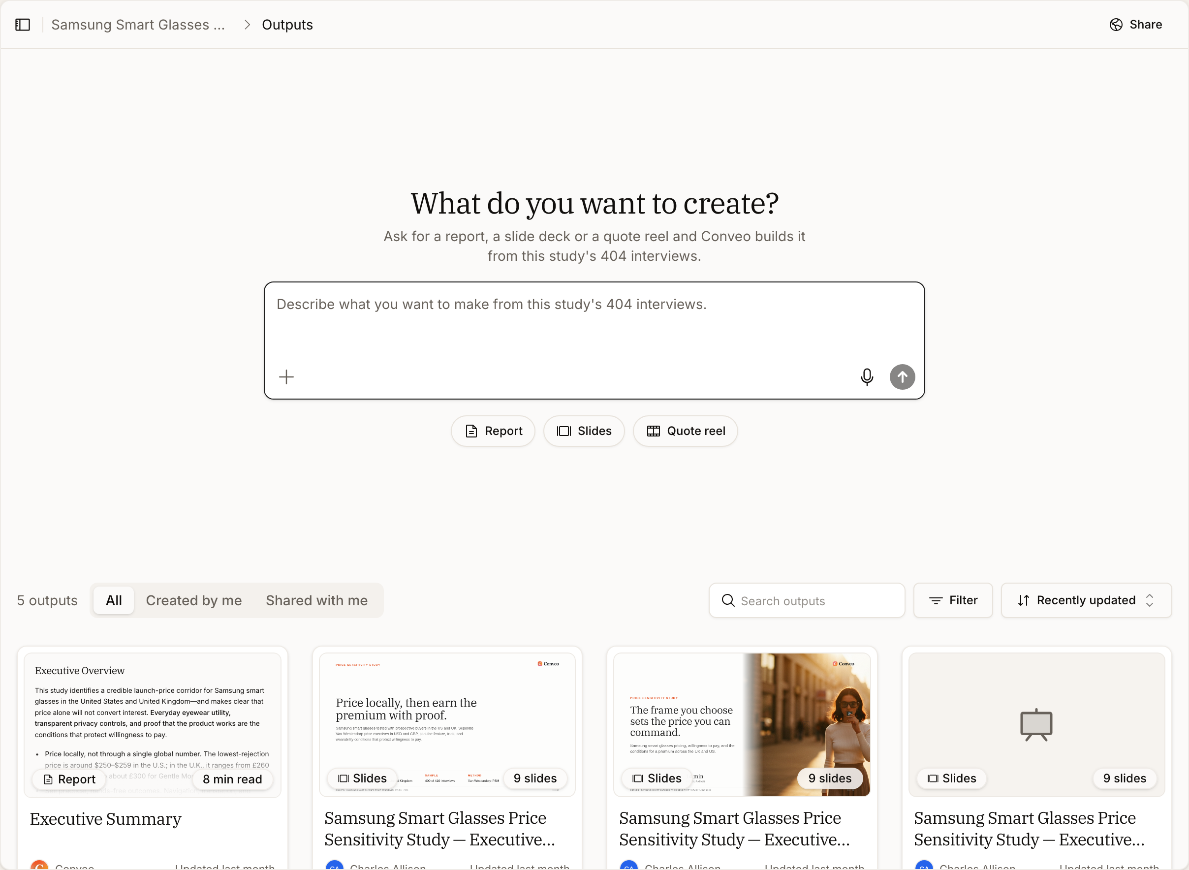 The Outputs library headed 'What do you want to create?', listing existing outputs including executive summaries and quote reels with the study each belongs to