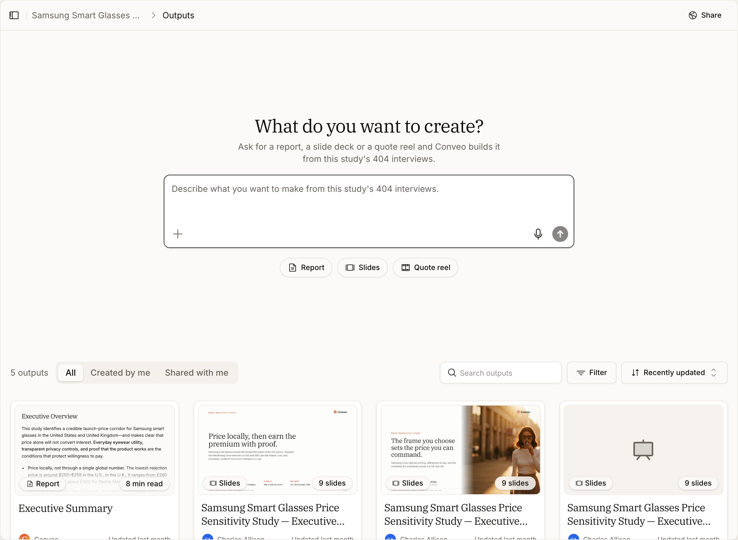 The Outputs library headed 'What do you want to create?', listing existing outputs including executive summaries and quote reels with the study each belongs to