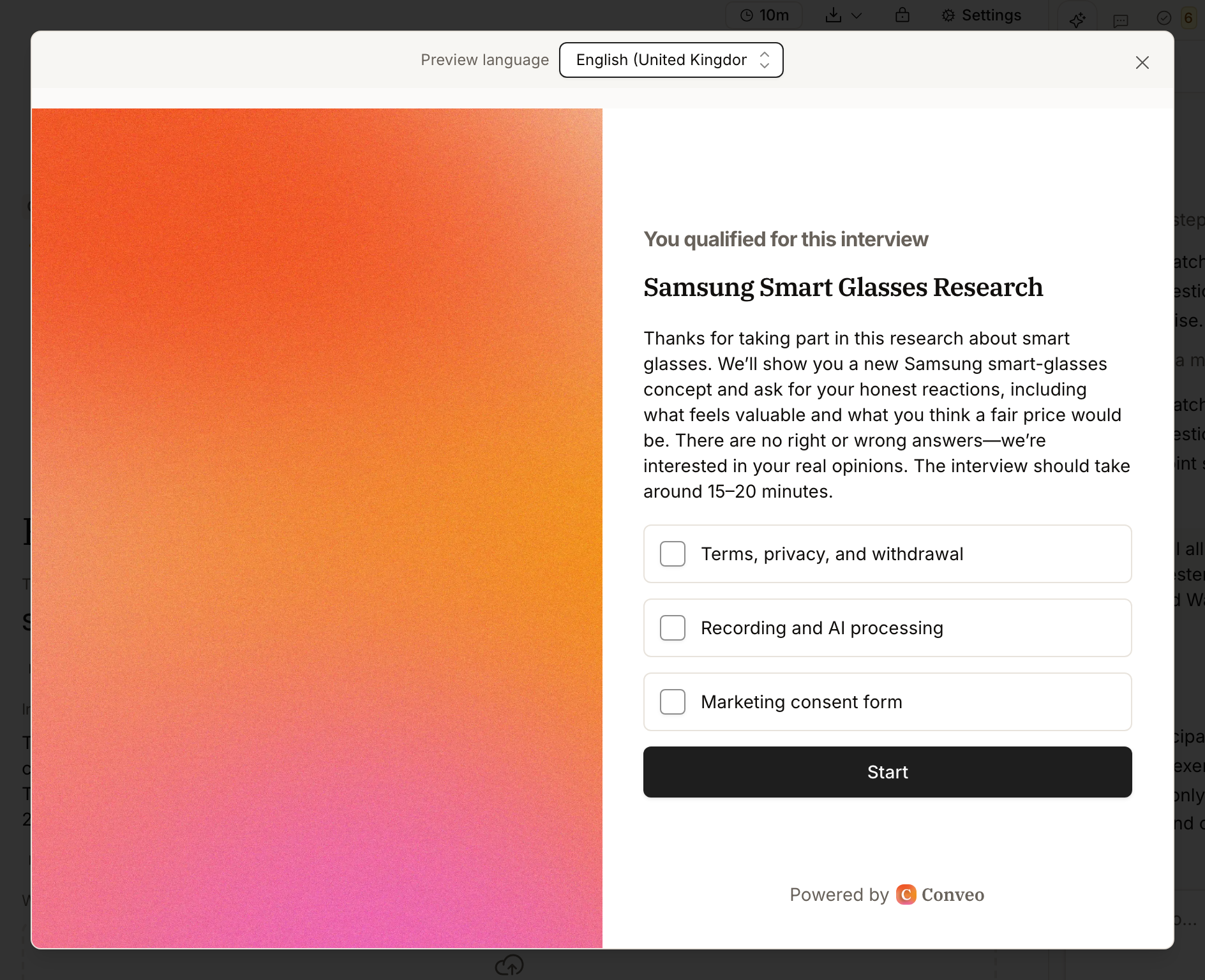 The participant welcome screen as a participant sees it, with a preview language selector, the message 'You qualified for this interview', the study title and introduction, three consent checkboxes for terms and privacy, recording and AI processing, and marketing, and a Start button