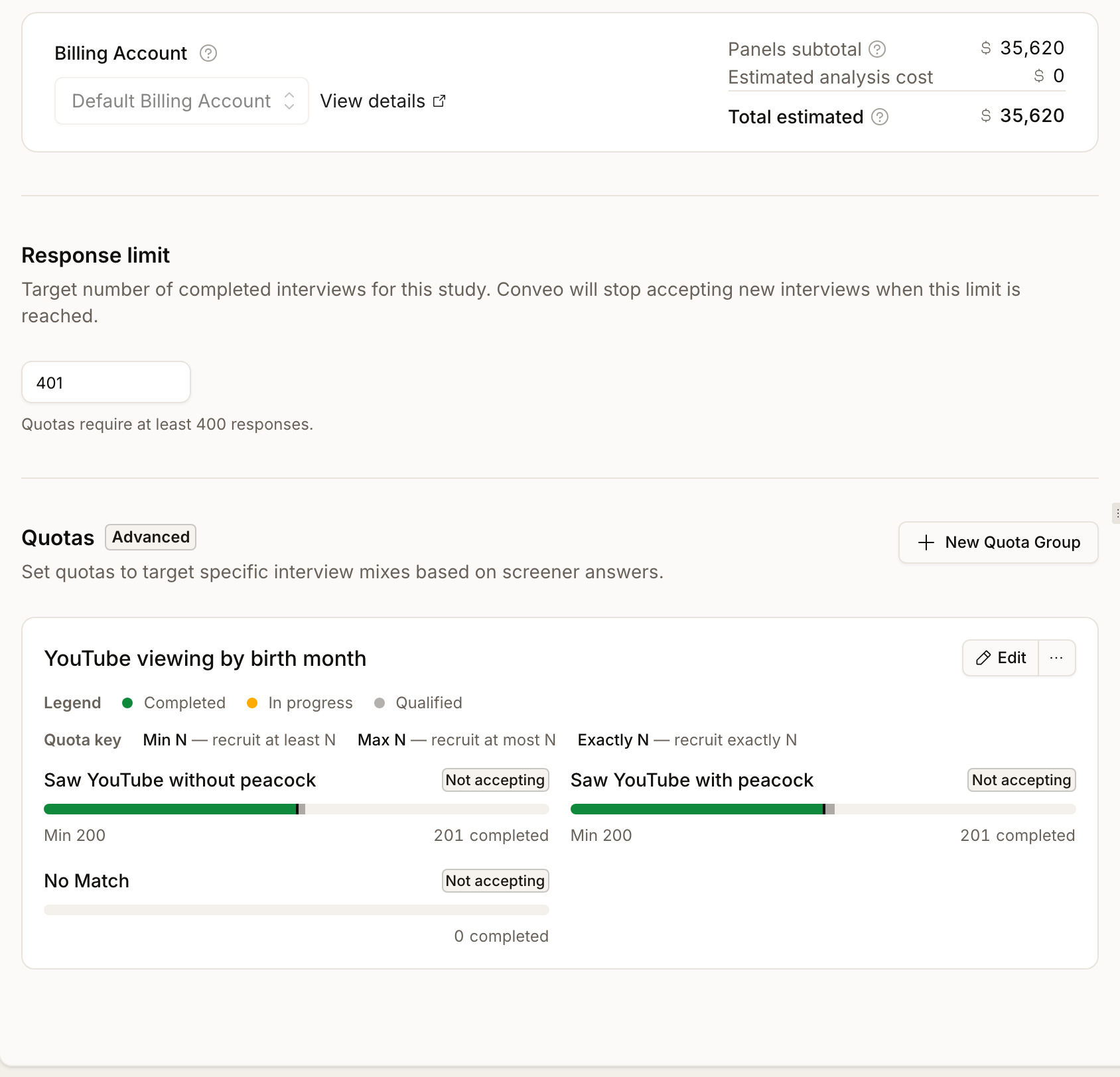 A quota group named 'YouTube viewing by birth month' on the Recruit page, with two segments each showing a Min 200 target and 201 completed against a filled progress bar, a No Match row at zero completed, and a legend for Completed, In progress and Qualified