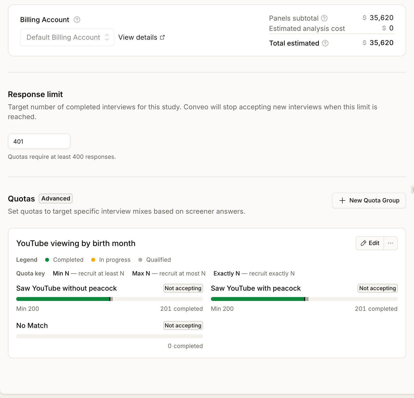A quota group named 'YouTube viewing by birth month' on the Recruit page, with two segments each showing a Min 200 target and 201 completed against a filled progress bar, a No Match row at zero completed, and a legend for Completed, In progress and Qualified