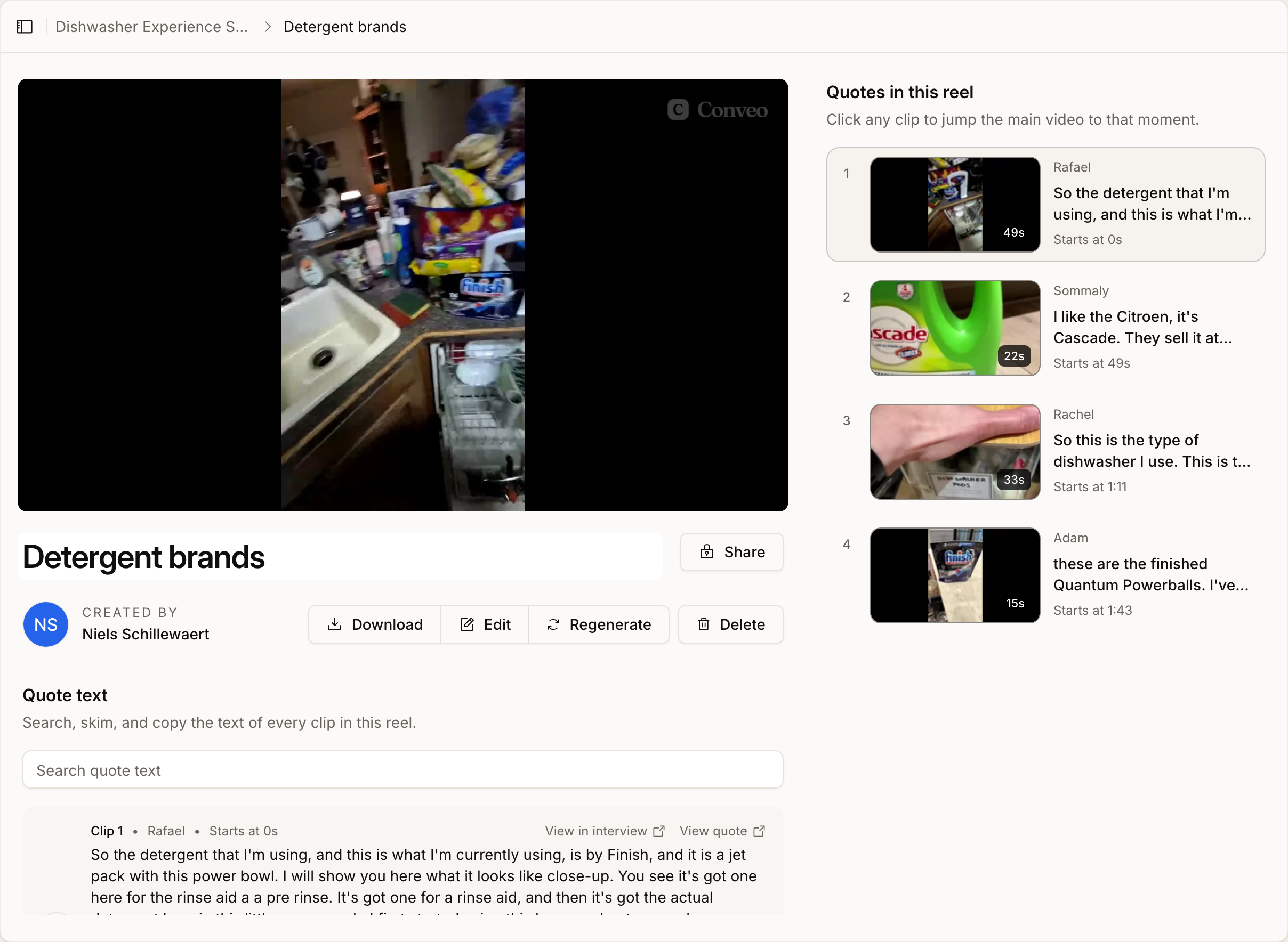 A quote reel with the combined video playing on the left and a Quotes in this reel panel on the right listing each clip with its speaker, an excerpt of the quote, its length and start time, above the searchable full text of every clip