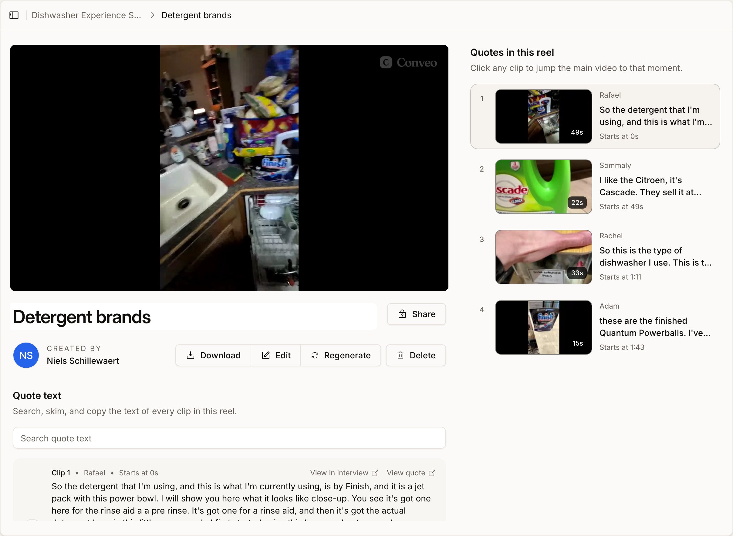 A quote reel with the combined video playing on the left and a Quotes in this reel panel on the right listing each clip with its speaker, an excerpt of the quote, its length and start time, above the searchable full text of every clip