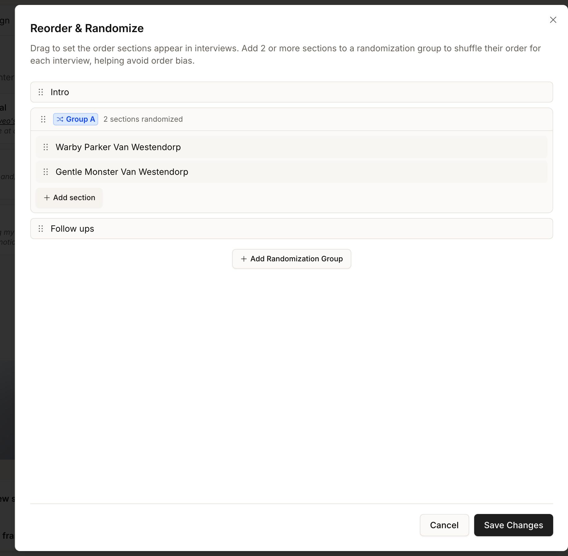 The Reorder and Randomize dialog, listing the study's sections in order with drag handles, a randomization group labelled Group A containing two sections and marked '2 sections randomized', and buttons to add a section or add another randomization group