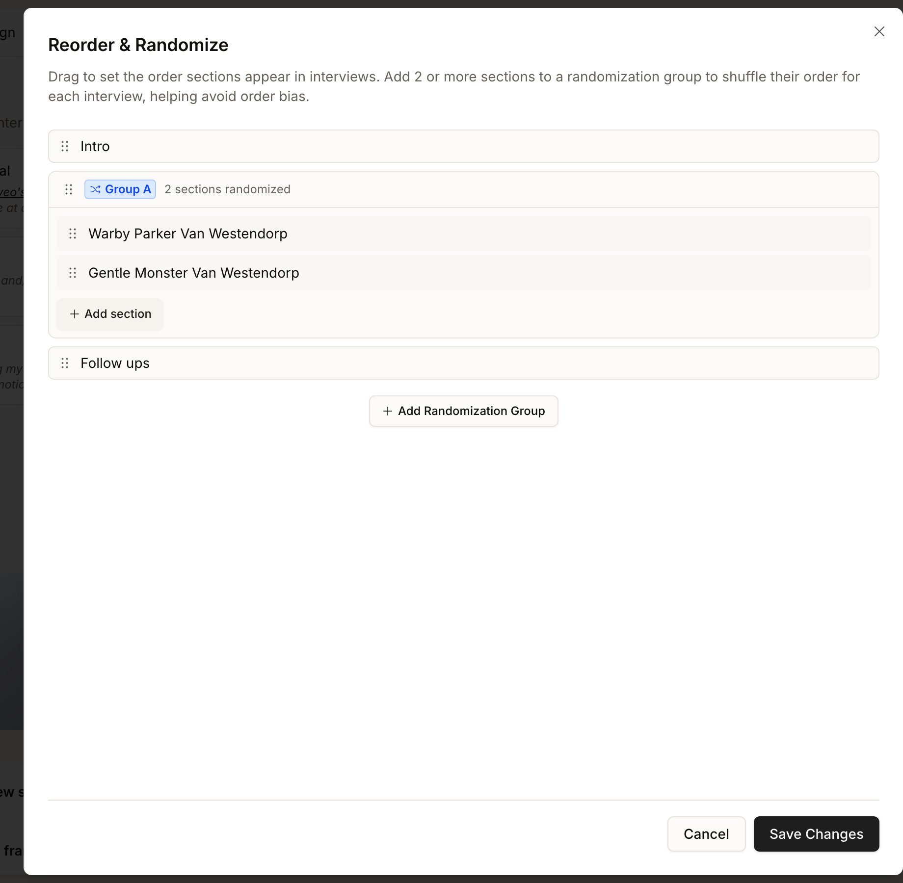 The Reorder and Randomize dialog, listing the study's sections in order with drag handles, a randomization group labelled Group A containing two sections and marked '2 sections randomized', and buttons to add a section or add another randomization group