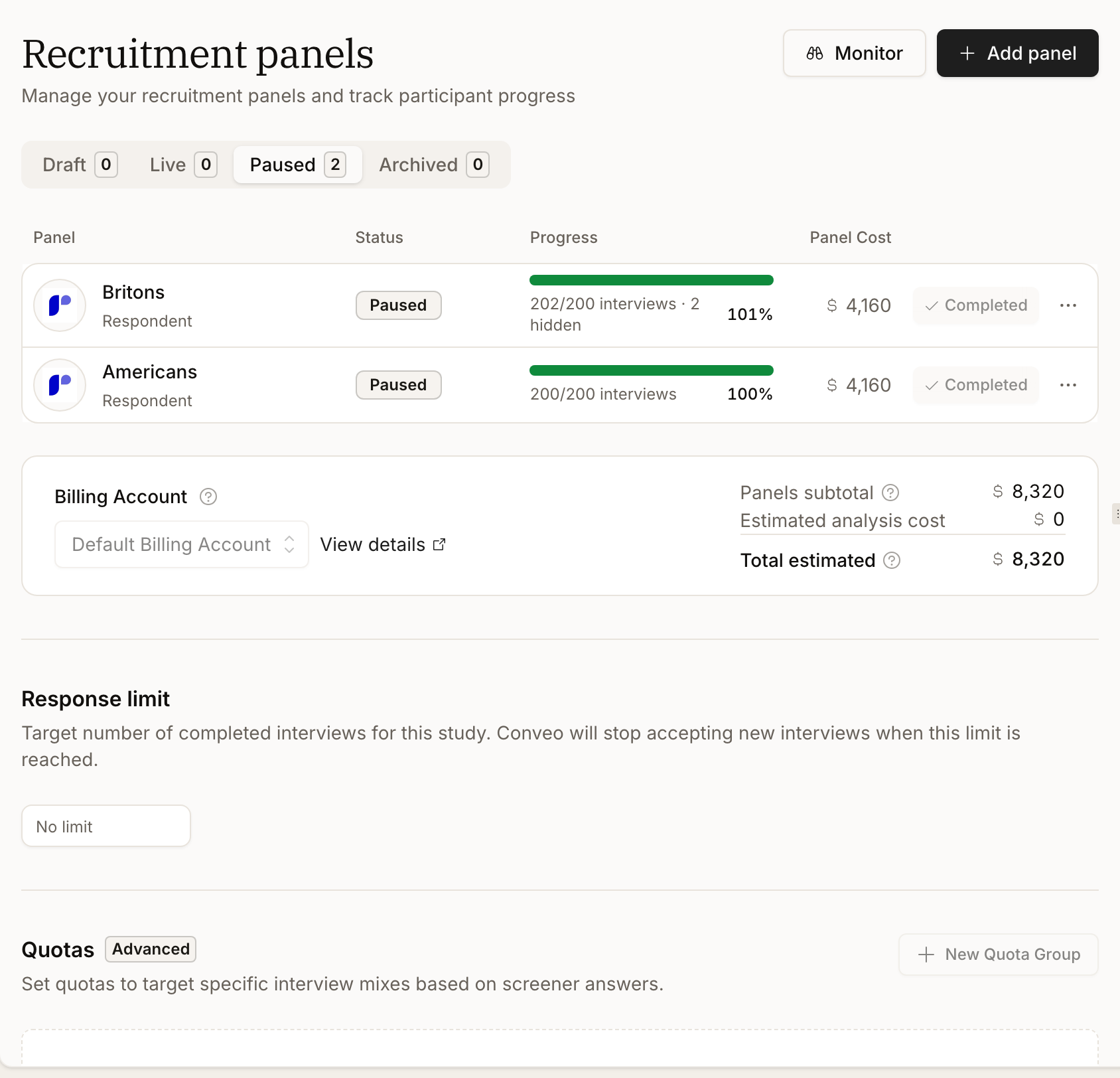The Recruitment panels area of a study, listing two paused panels with their status, progress against target, and panel cost, above a billing account summary showing the panels subtotal and total estimated cost