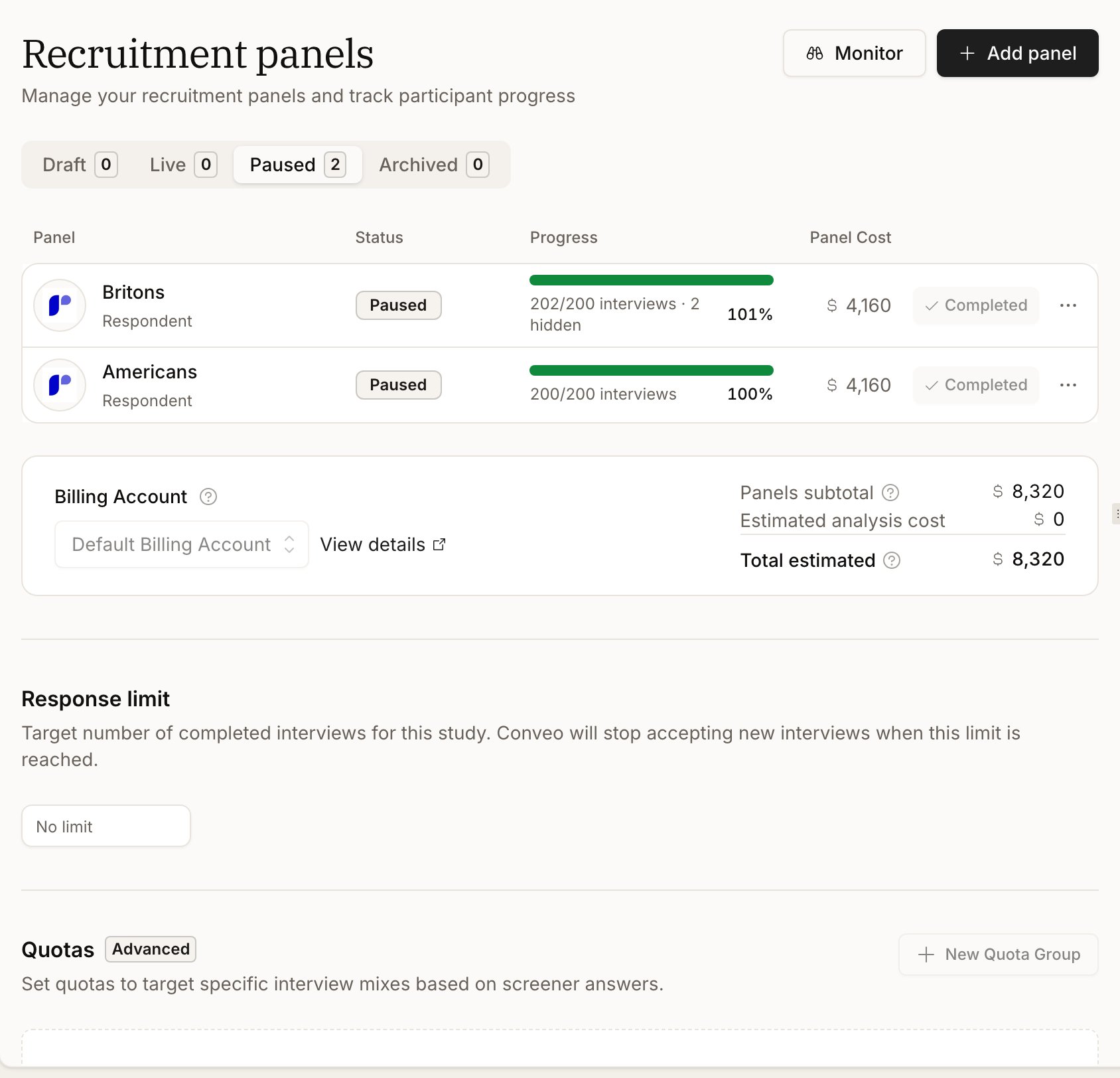 The Recruitment panels area of a study, listing two paused panels with their status, progress against target, and panel cost, above a billing account summary showing the panels subtotal and total estimated cost