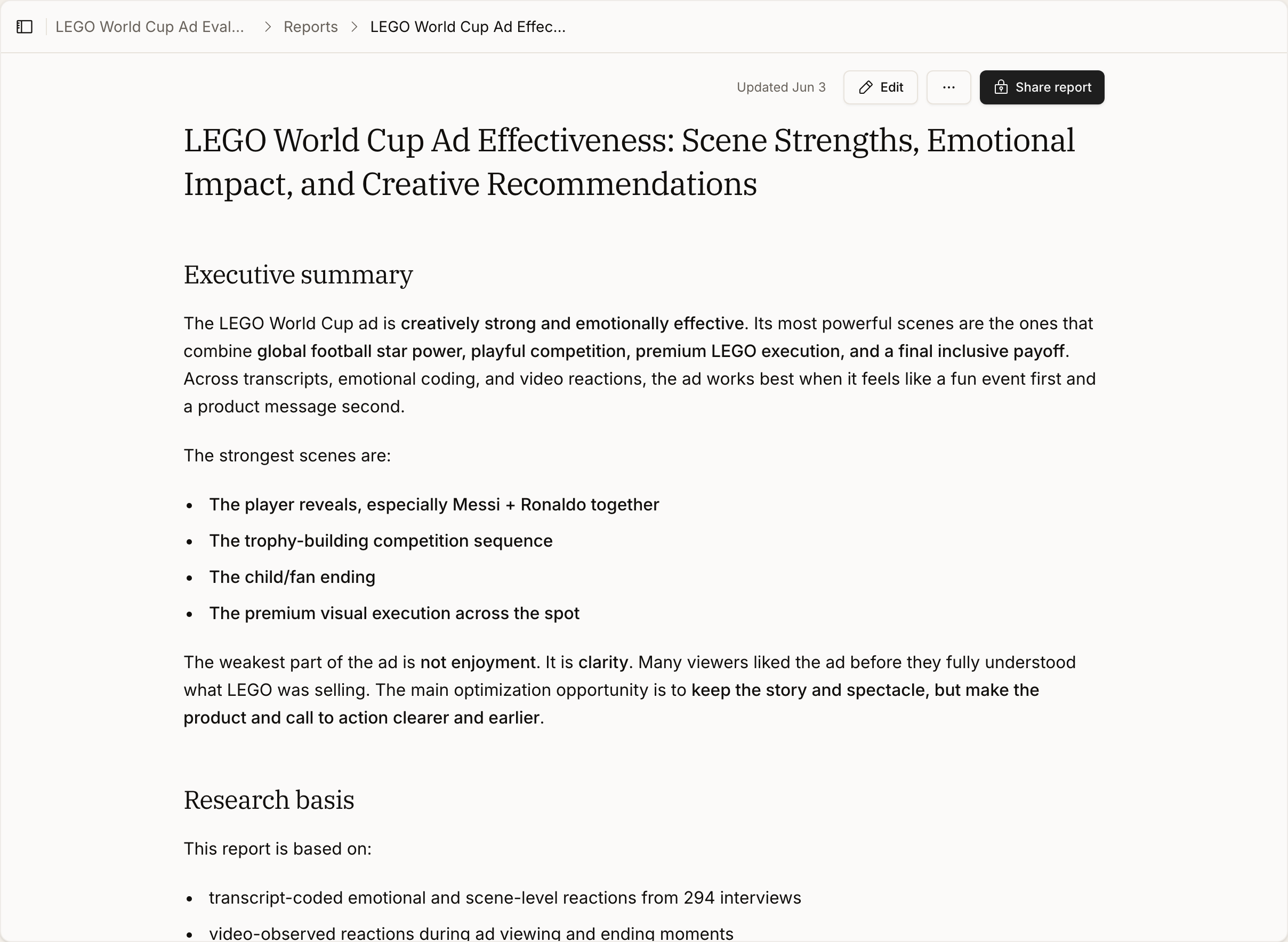 A research report open in a study, with its findings set out as a written narrative under headed sections