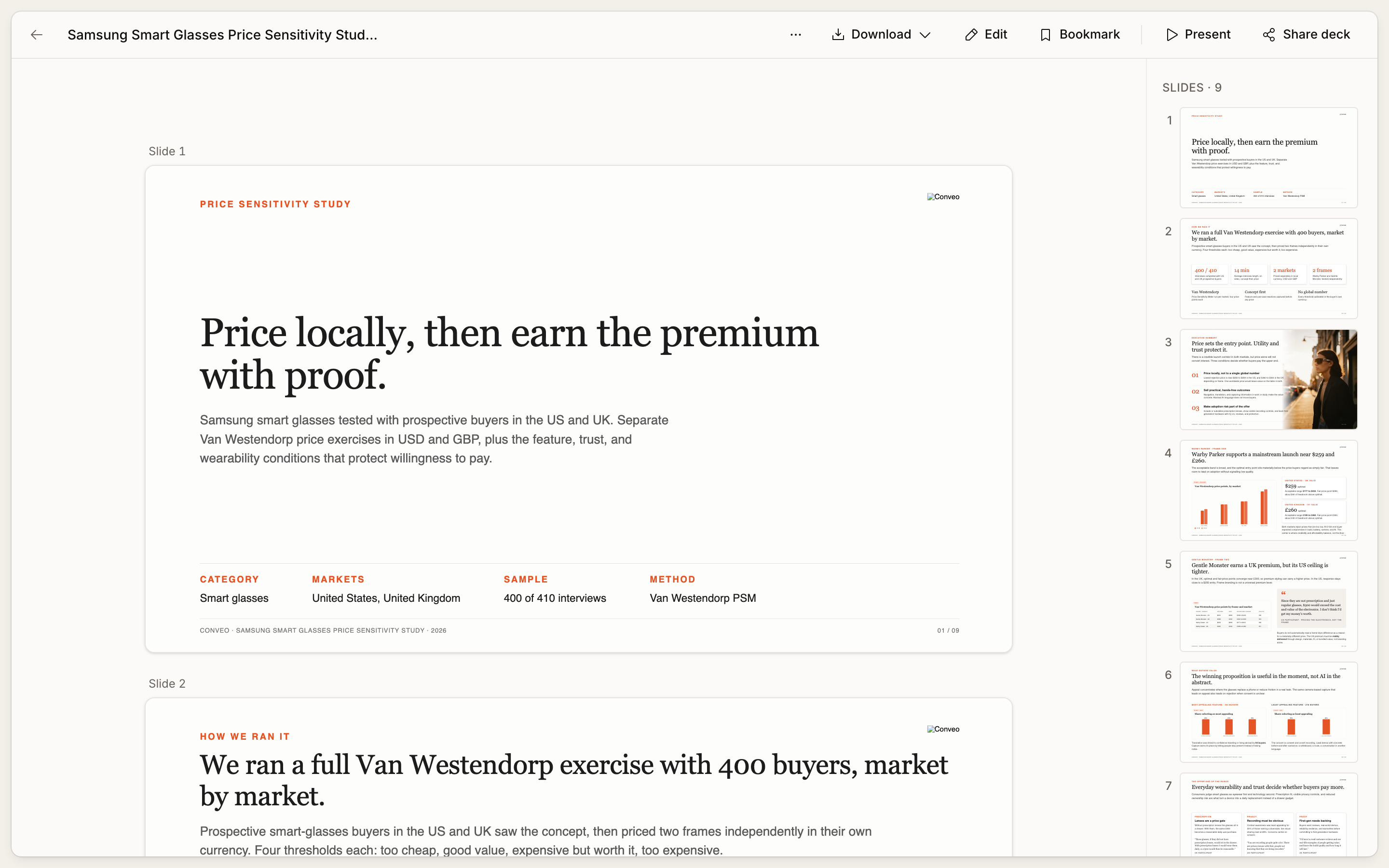 A generated slide deck open in the deck viewer, with the first slides shown large on the left and thumbnails of all nine slides down the right, above Download, Edit, Bookmark, Present and Share deck controls