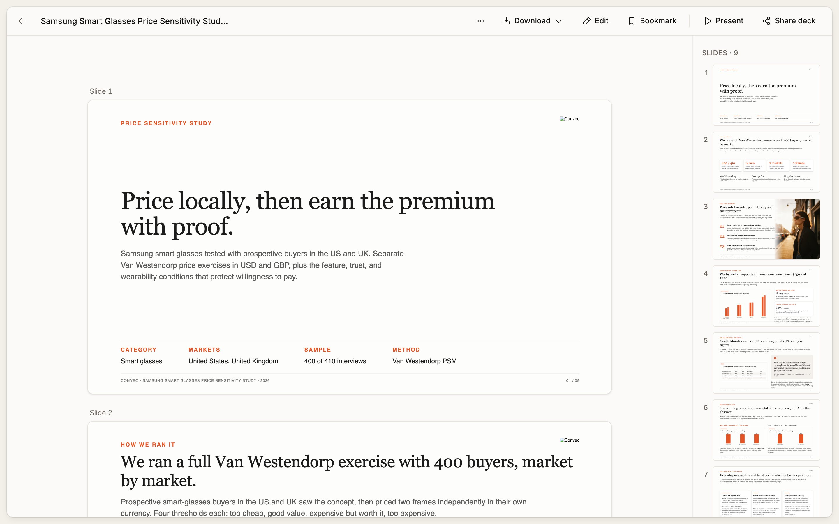 A generated slide deck open in the deck viewer, with the first slides shown large on the left and thumbnails of all nine slides down the right, above Download, Edit, Bookmark, Present and Share deck controls
