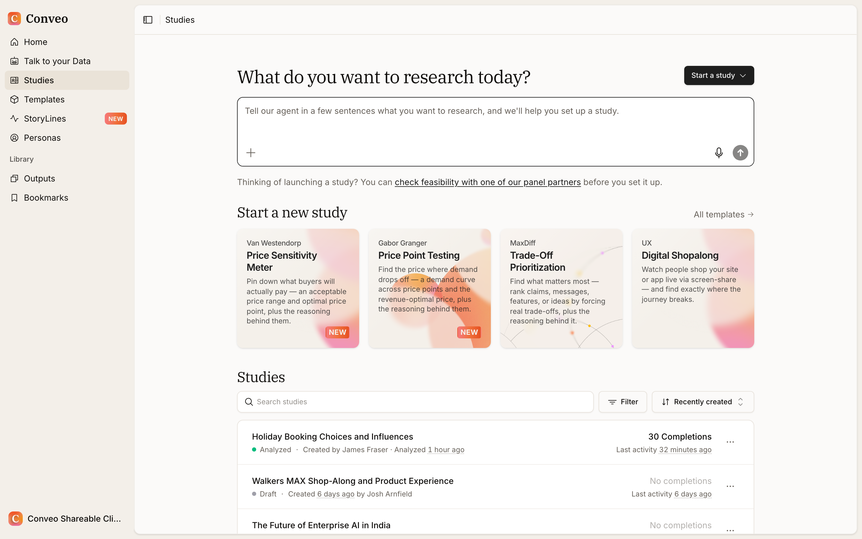 The Studies page with a composer asking what you want to research today, a row of starter designs for Price Sensitivity Meter, Price Point Testing, Trade-Off Prioritization and Digital Shopalong, and below them the Studies list with search, filter and sort controls and rows showing each study's status, creator and last activity