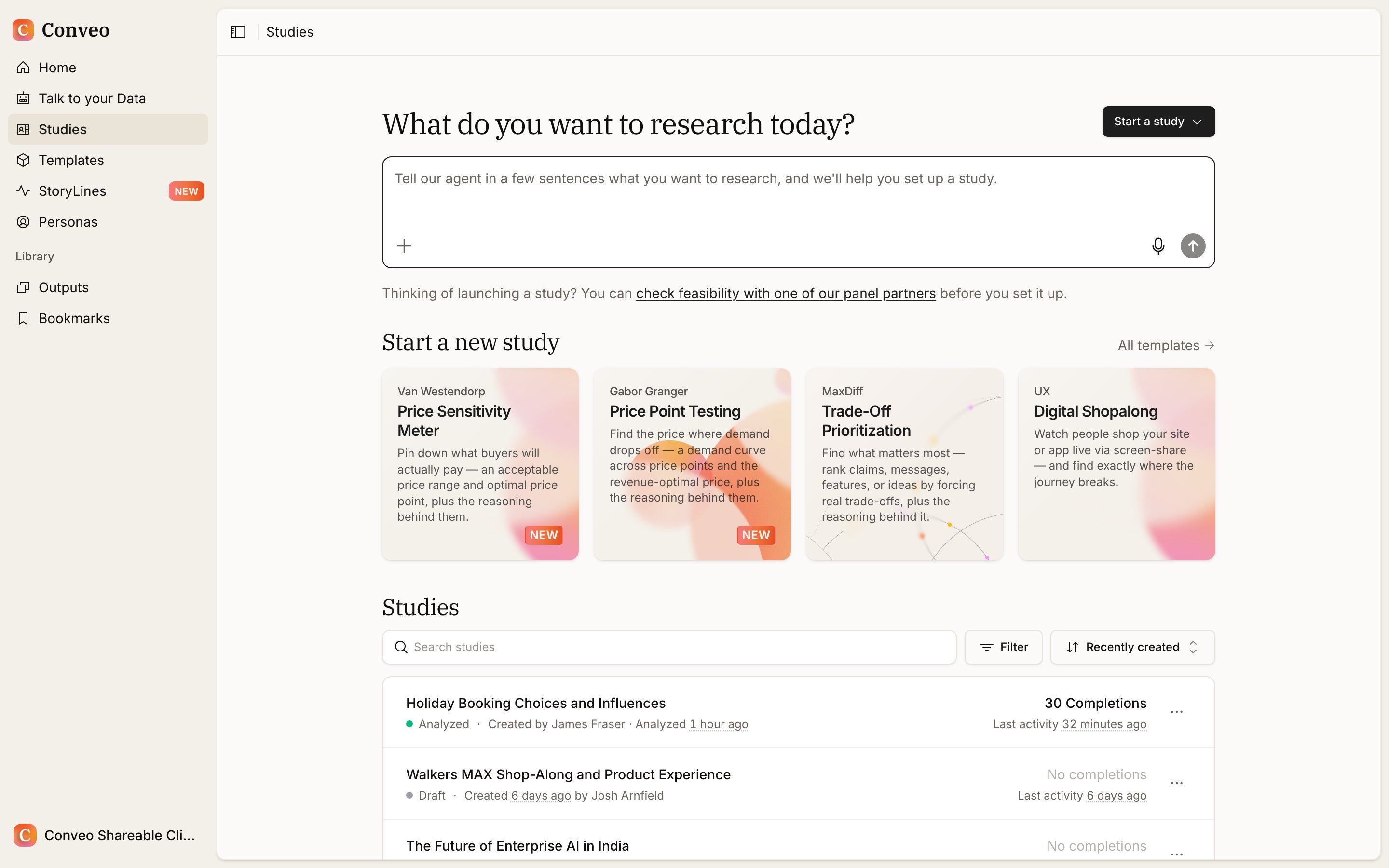 The Studies page with a composer asking what you want to research today, a row of starter designs for Price Sensitivity Meter, Price Point Testing, Trade-Off Prioritization and Digital Shopalong, and below them the Studies list with search, filter and sort controls and rows showing each study's status, creator and last activity