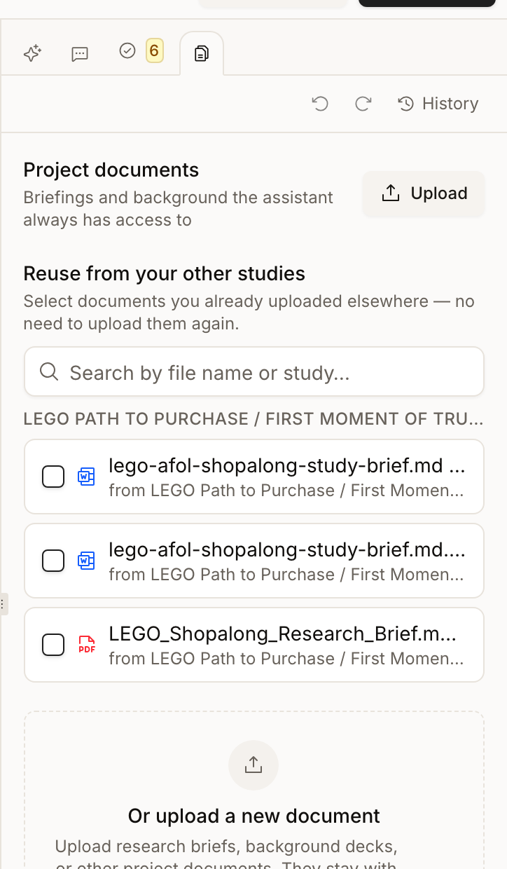 The Documents panel in study Design, reached from the rightmost tab beside the assistant, comments and quality tabs