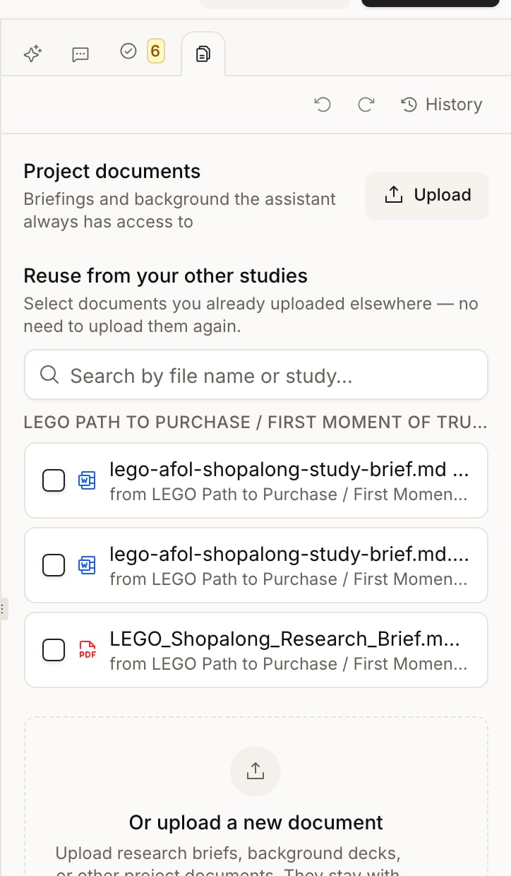 The Documents panel in study Design, reached from the rightmost tab beside the assistant, comments and quality tabs