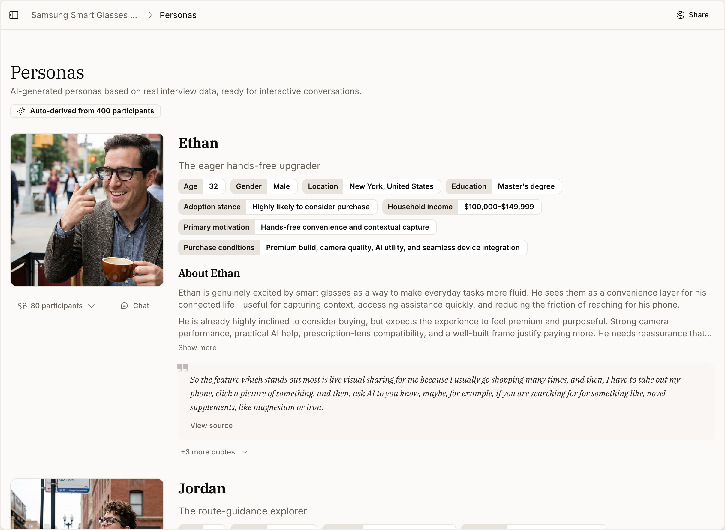 A generated study persona with an AI-created portrait, a name and one-line characterisation, attribute chips for age, gender, location, education, adoption stance, household income and motivations, a written profile, and a supporting participant quote