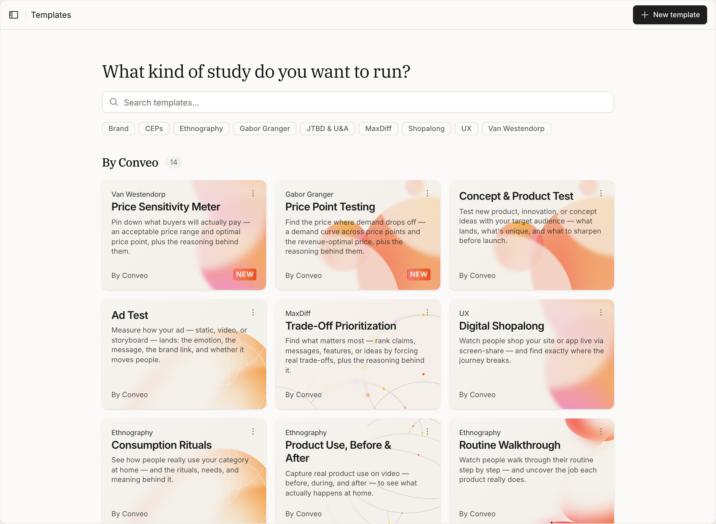 The Templates page headed 'What kind of study do you want to run?', with a By Conveo row of template cards including Price Sensitivity Meter, Price Point Testing, Concept and Product Test, Ad Test, Trade-Off Prioritization and Digital Shopalong