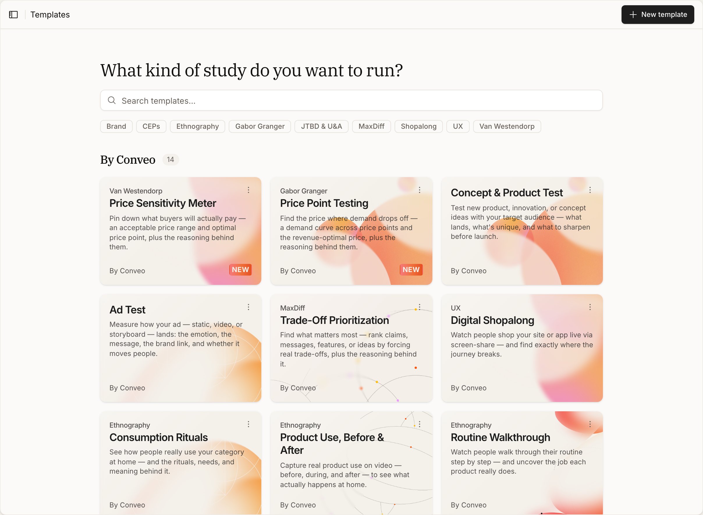 The Templates page headed 'What kind of study do you want to run?', with a By Conveo row of template cards including Price Sensitivity Meter, Price Point Testing, Concept and Product Test, Ad Test, Trade-Off Prioritization and Digital Shopalong