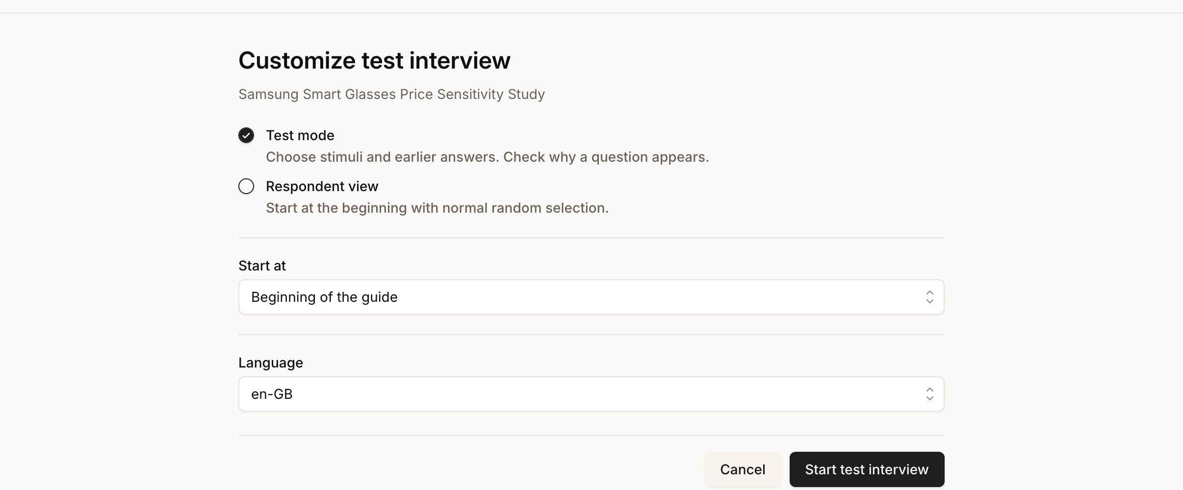The Customize test interview page, with Test mode selected over Respondent view, a Start at control set to the beginning of the guide, a language selector, and Cancel and Start test interview buttons