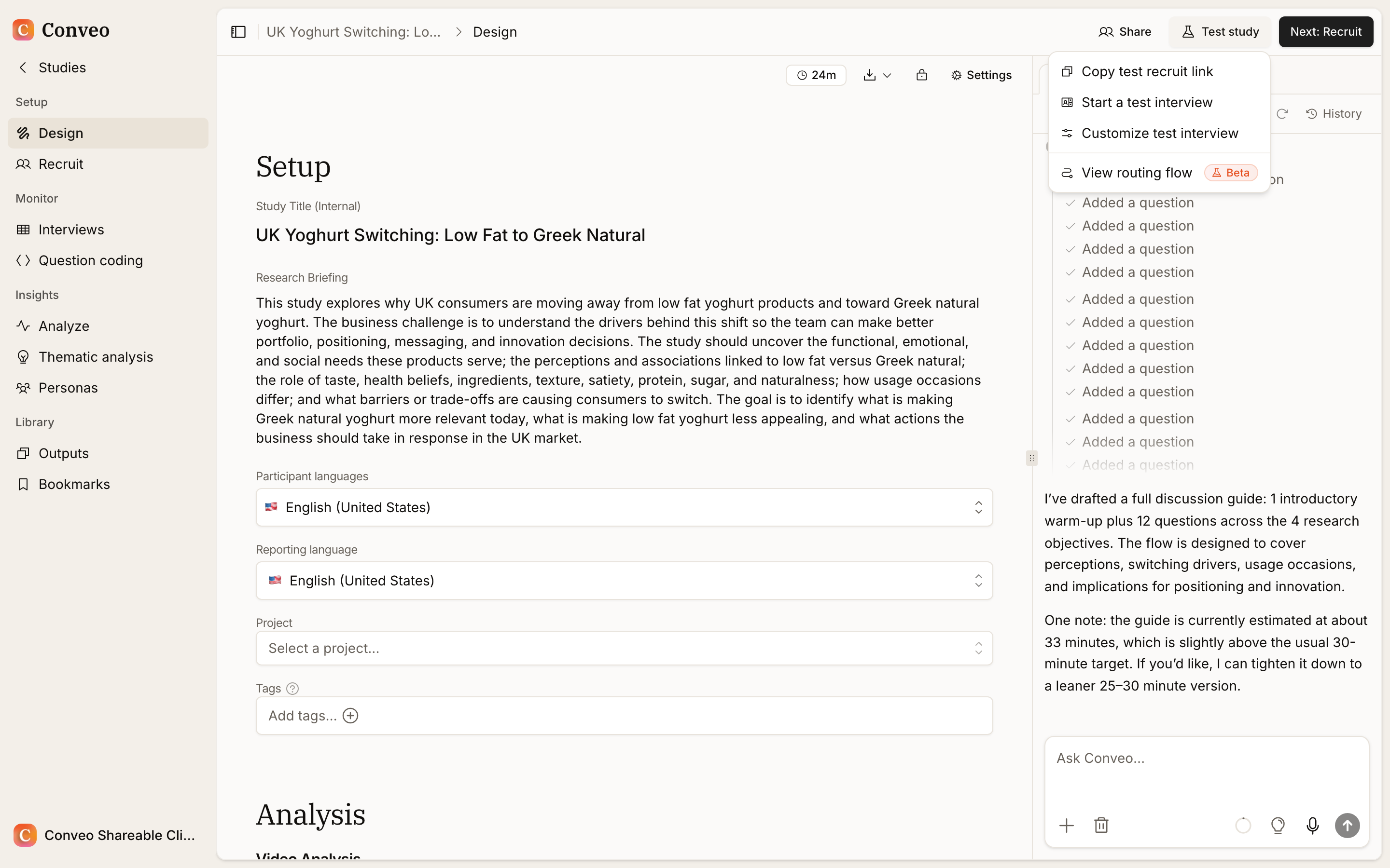 The Test study menu on a study design page, listing Copy test recruit link, Start a test interview, Customize test interview, and View routing flow marked Beta