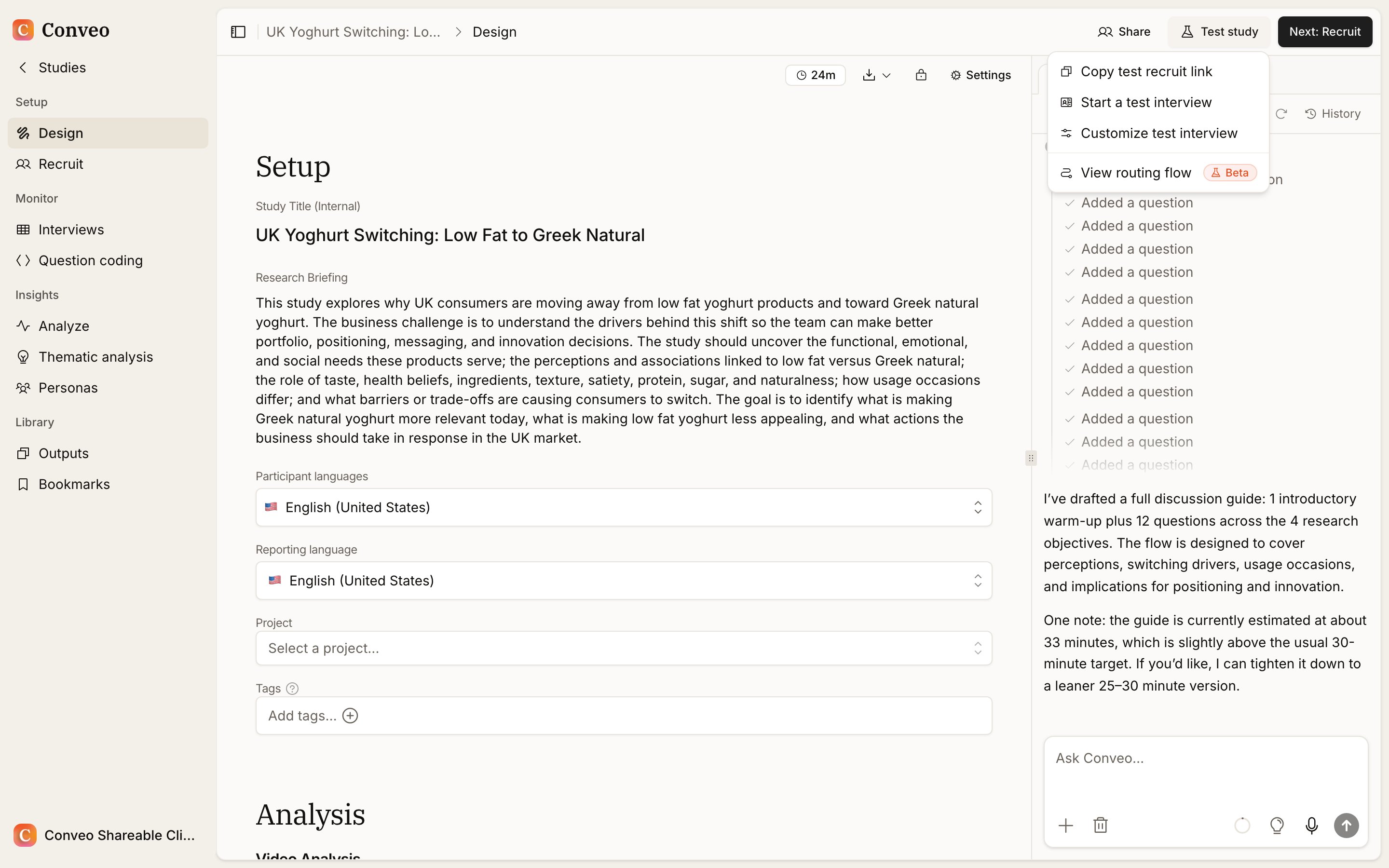 The Test study menu on a study design page, listing Copy test recruit link, Start a test interview, Customize test interview, and View routing flow marked Beta