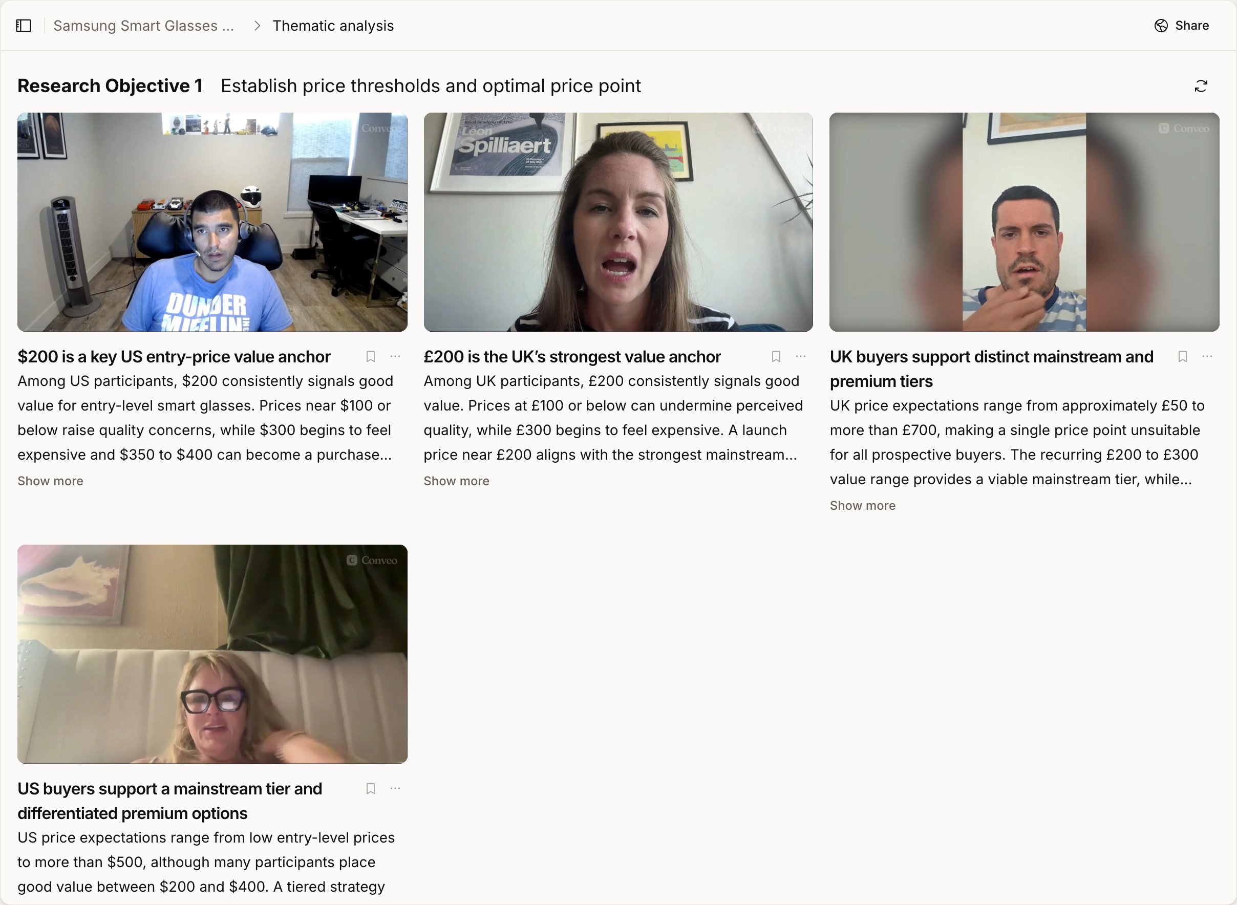 Thematic analysis grouped under a research objective, showing finding cards each with a video thumbnail, a headline conclusion about price anchors, and a summary of the supporting evidence