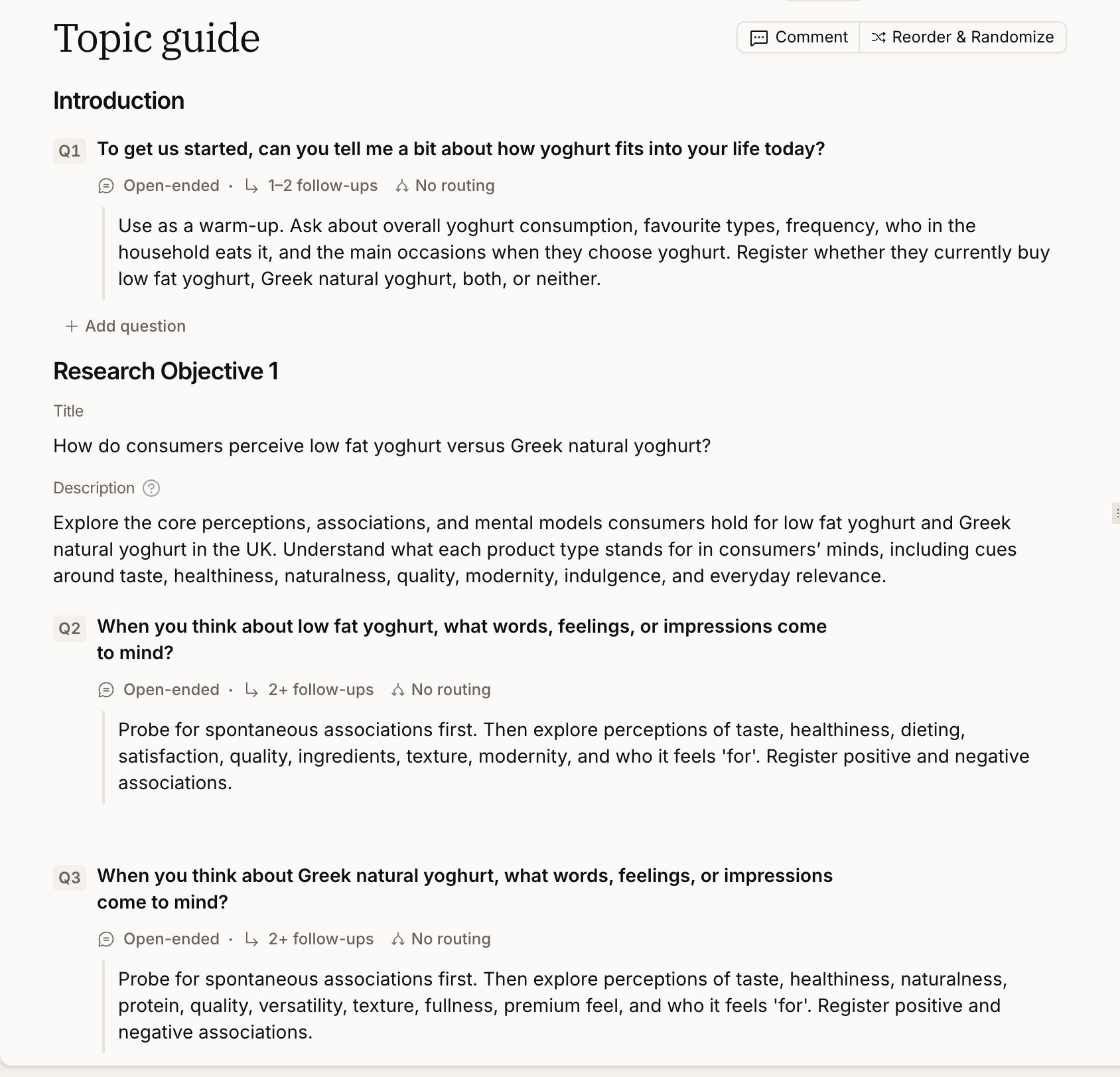 The Topic guide section of a study design page, showing an Introduction question labelled Open-ended with 1-2 follow-ups and No routing, its moderator guidance beneath, then Research Objective 1 with its title and description followed by two further open-ended questions