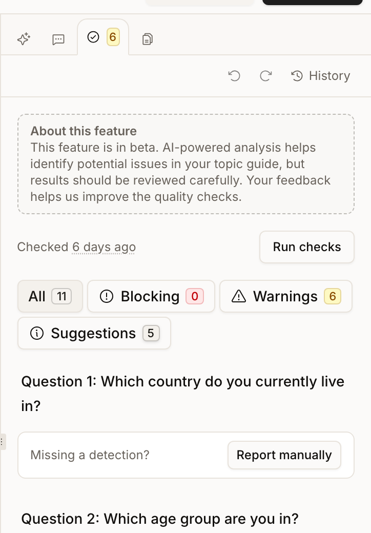 The Quality panel in study Design, showing when checks last ran with a Run checks button, counts for all findings, blocking issues, warnings and suggestions, and the per-question findings listed beneath