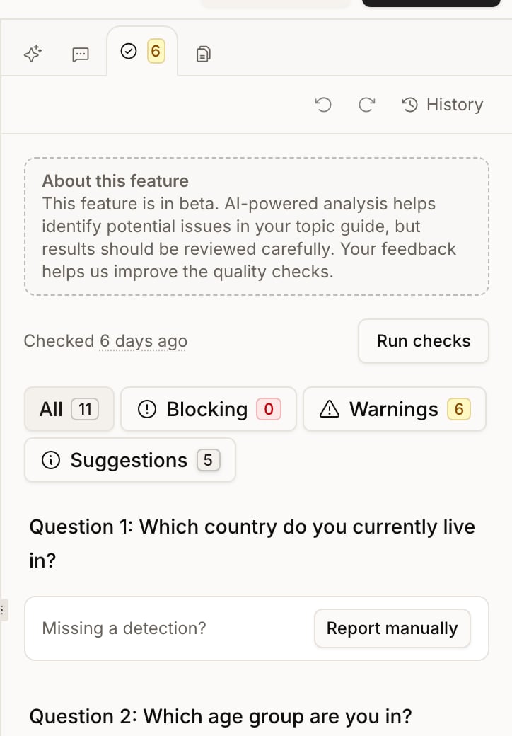 The Quality panel in study Design, showing when checks last ran with a Run checks button, counts for all findings, blocking issues, warnings and suggestions, and the per-question findings listed beneath