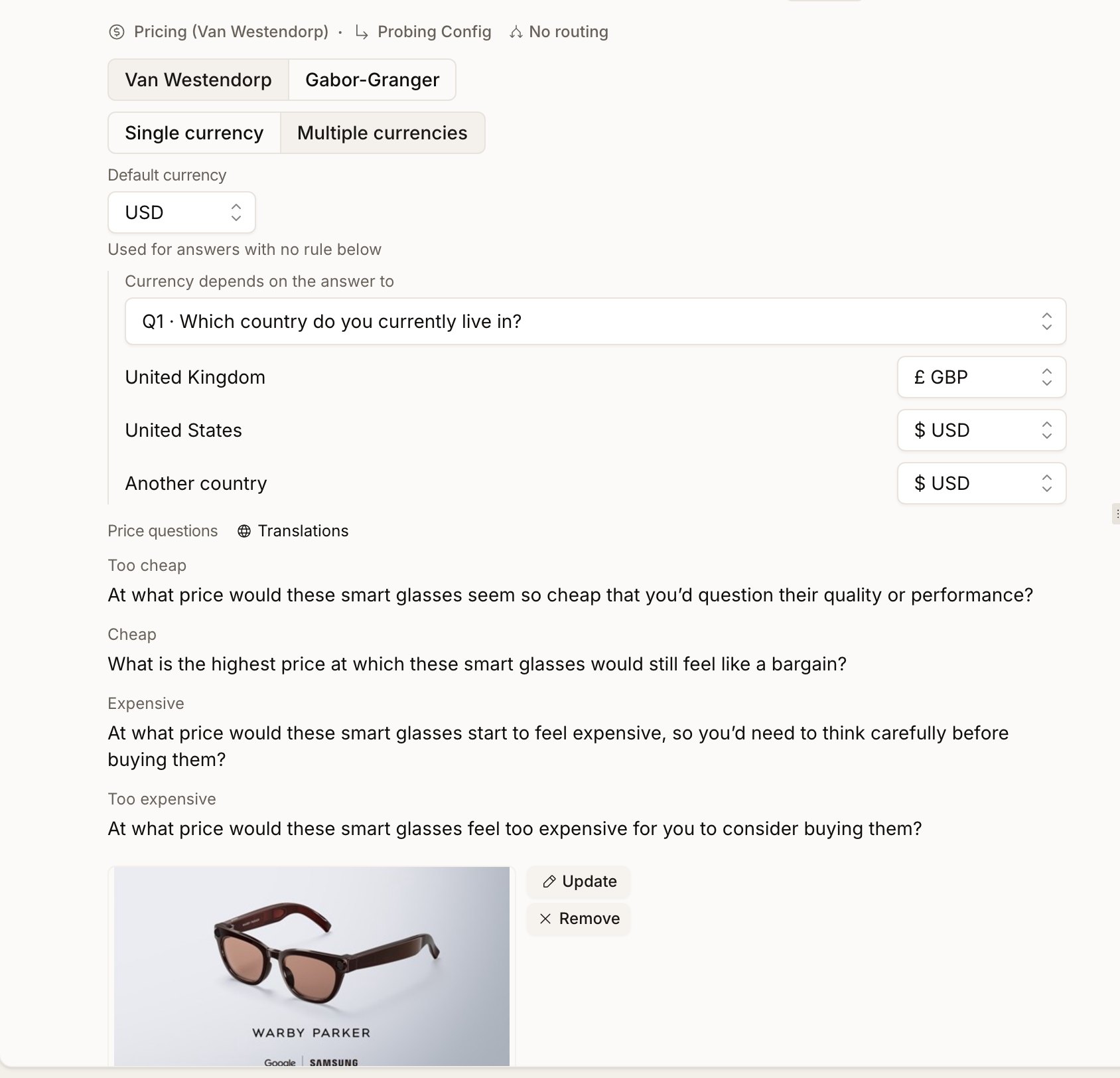 A Pricing question editor with the method selector at the top offering Van Westendorp and Gabor-Granger, followed by the single or multiple currency choice and the currency configuration for the selected method
