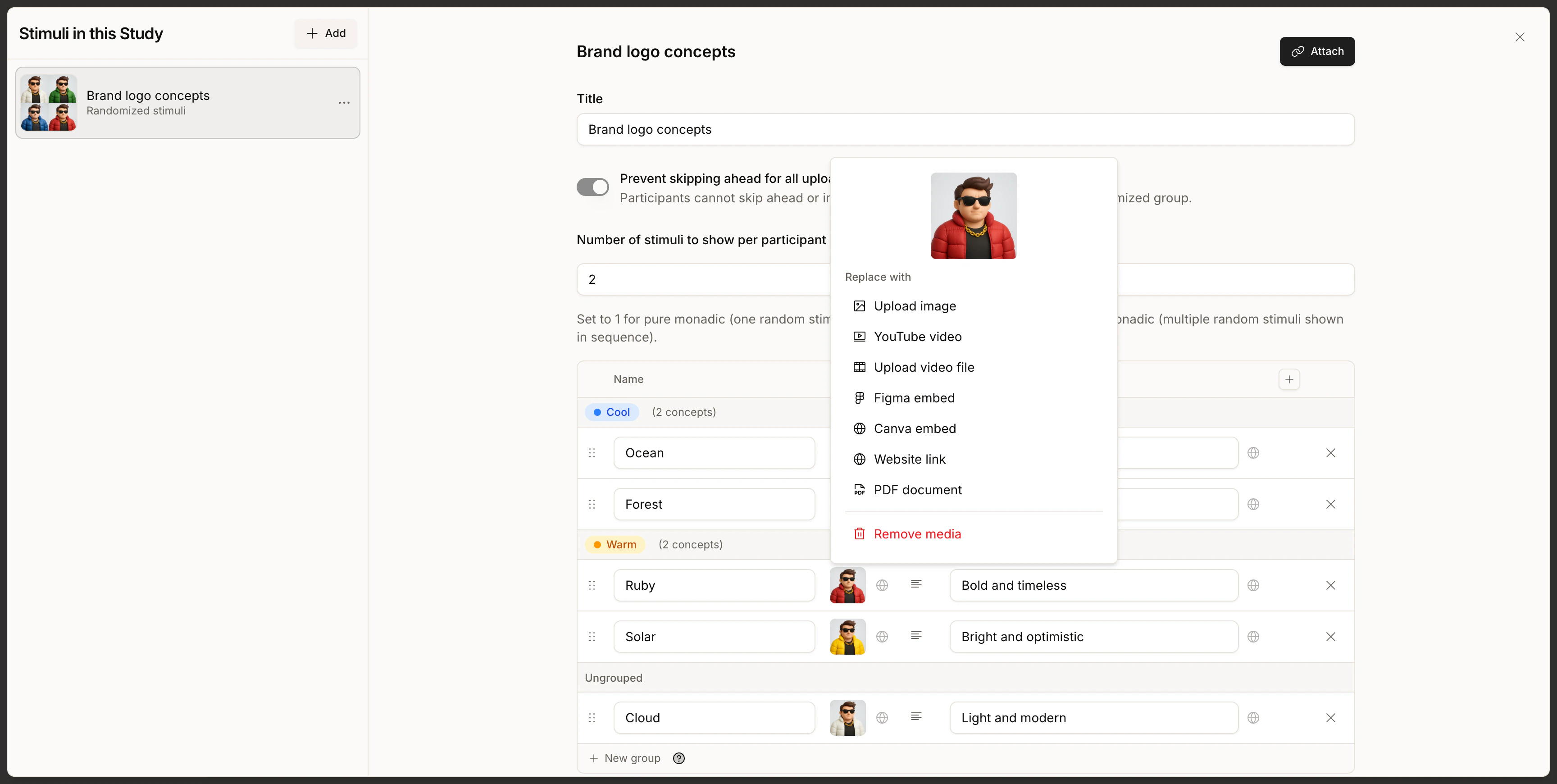 Asset cell popover with options: Upload image, YouTube video, Upload video file, Figma embed, Canva embed, Website link, PDF document