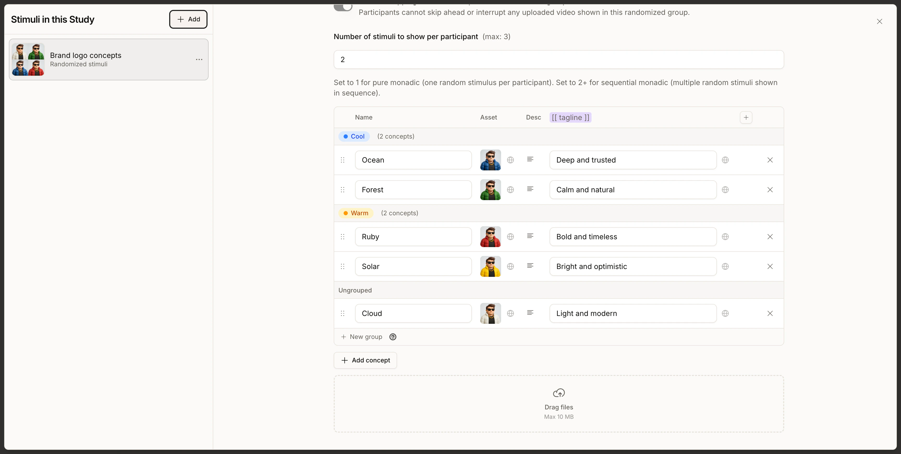 Stimulus table with concepts organized into Cool and Warm groups, plus an Ungrouped row