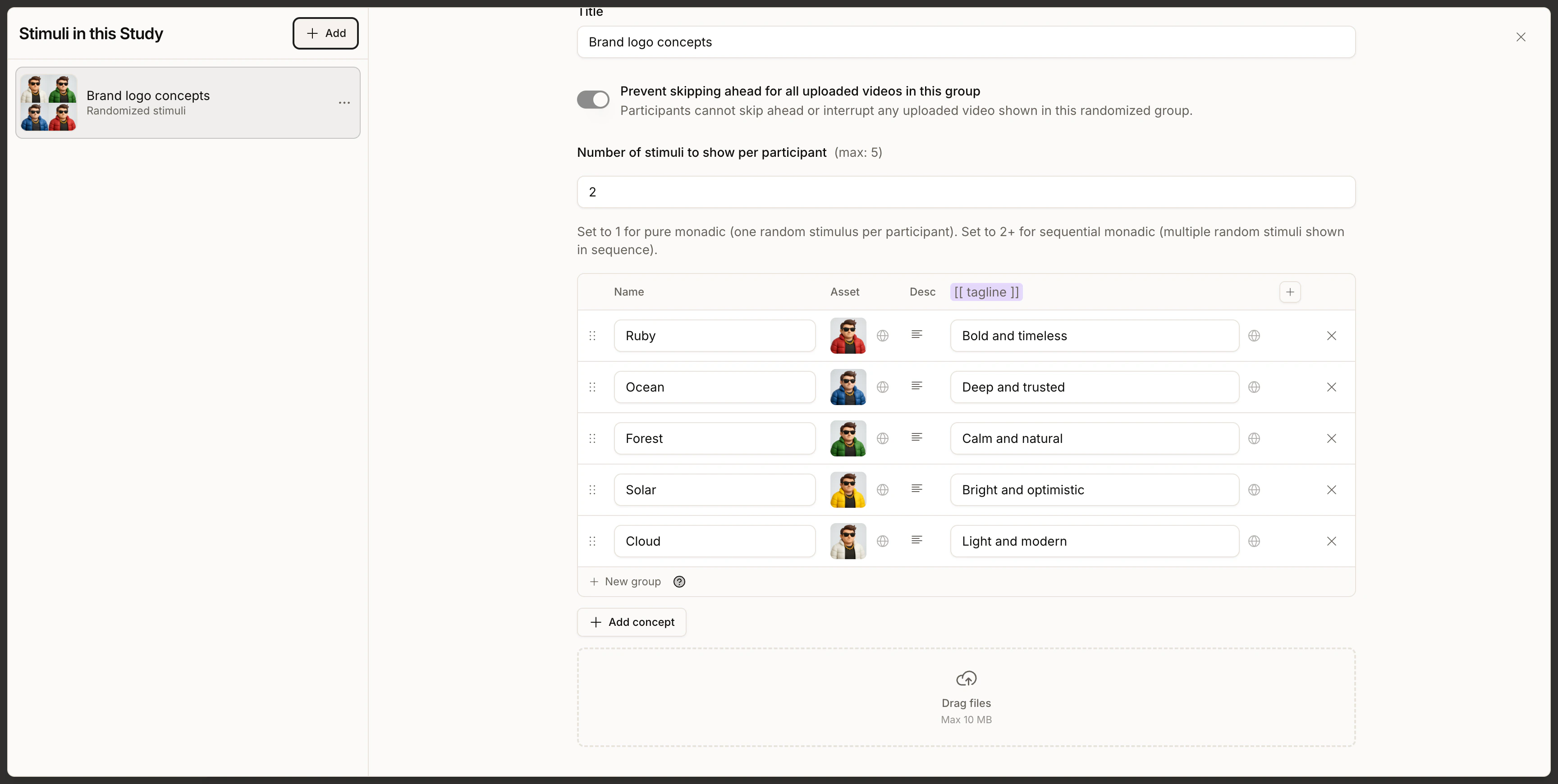 Stimulus table with five concept rows: Name, Asset, Description, and a tagline parameter column