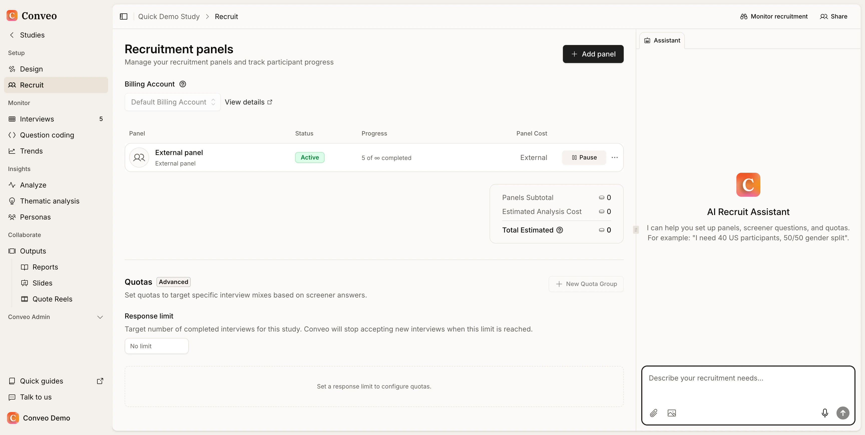 The Recruit tab with the AI Recruit Assistant sidebar on the right, showing its empty state and the message input