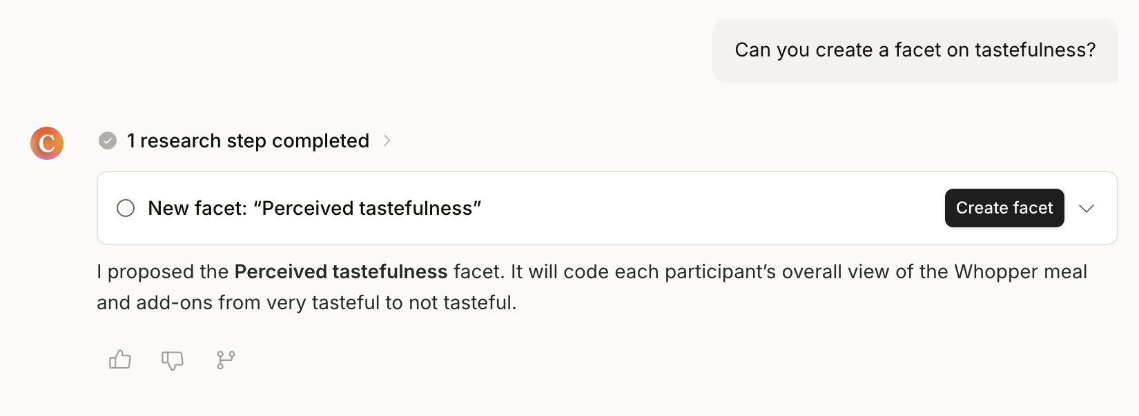The Analyze chat proposing a new Perceived tastefulness facet in response to a question, with a Create facet button on the proposal