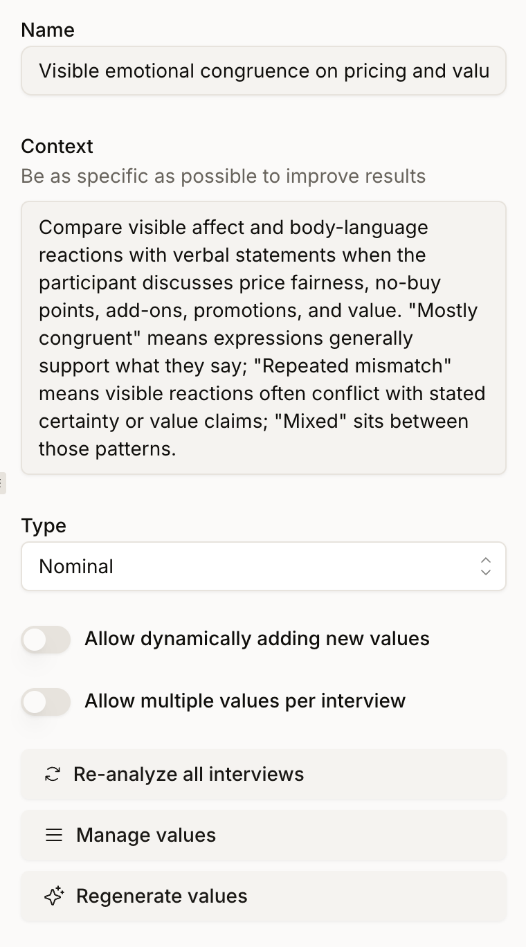 The Edit facet panel with Name, Context, and Type fields, the two value switches, and the Re-analyze all interviews, Manage values, and Regenerate values buttons