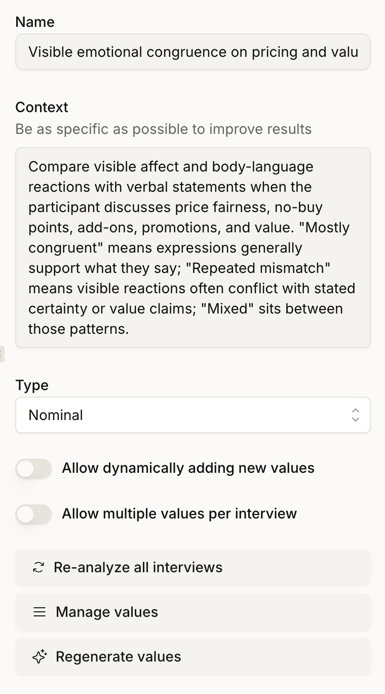 The Edit facet panel with Name, Context, and Type fields, the two value switches, and the Re-analyze all interviews, Manage values, and Regenerate values buttons