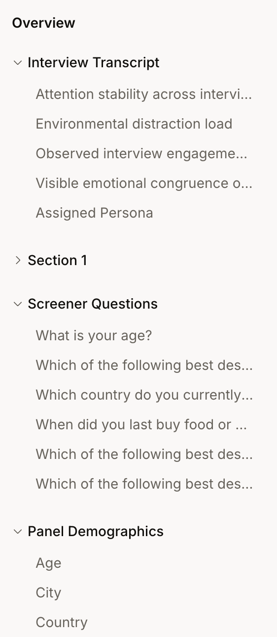 The Question coding Overview sidebar listing facets grouped by origin: Interview Transcript, question sections, Screener Questions, and Panel Demographics